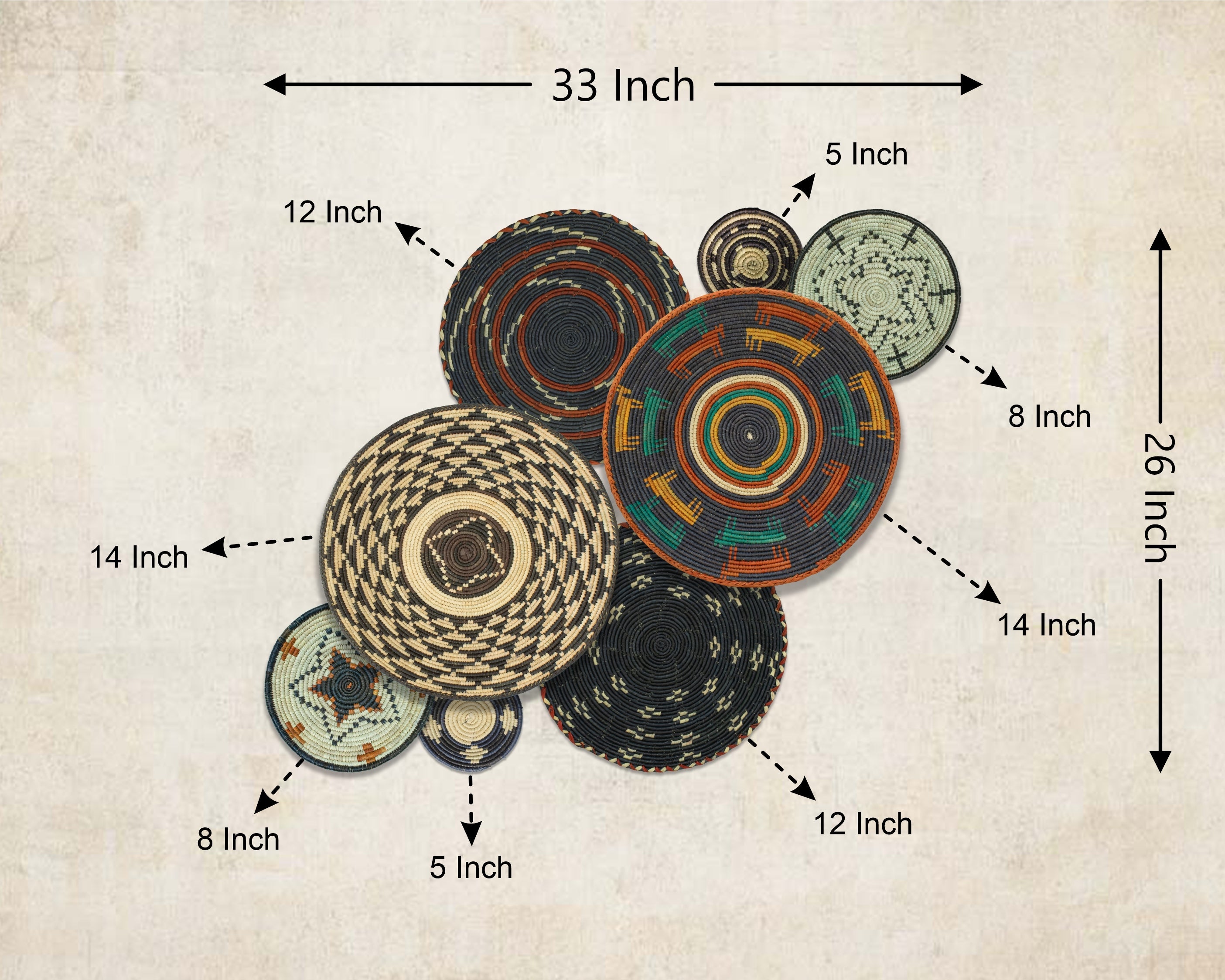 Set of 8 Handwoven wall baskets SET-255-8 N