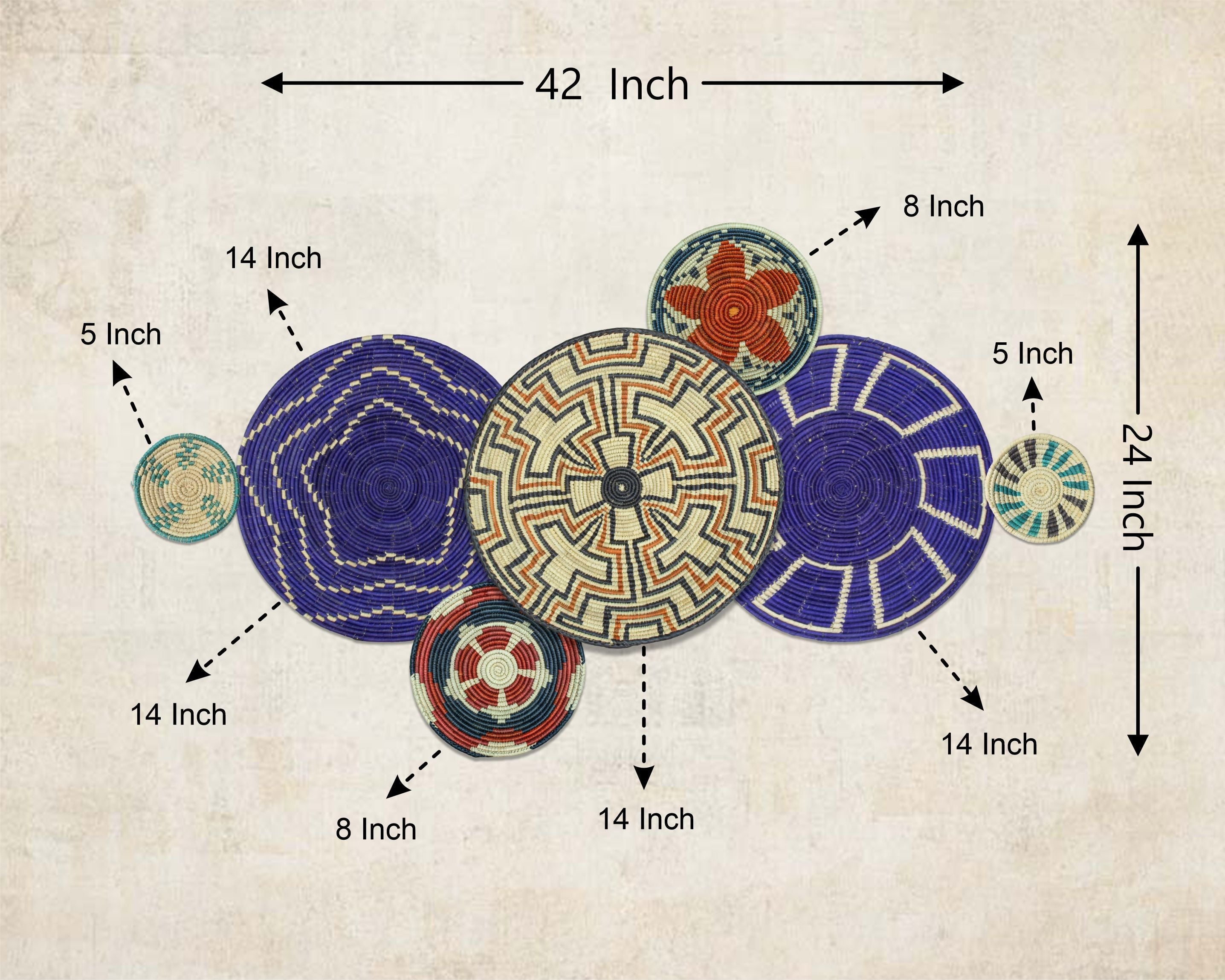 Set of 7 Handwoven wall baskets Set 310-7-N