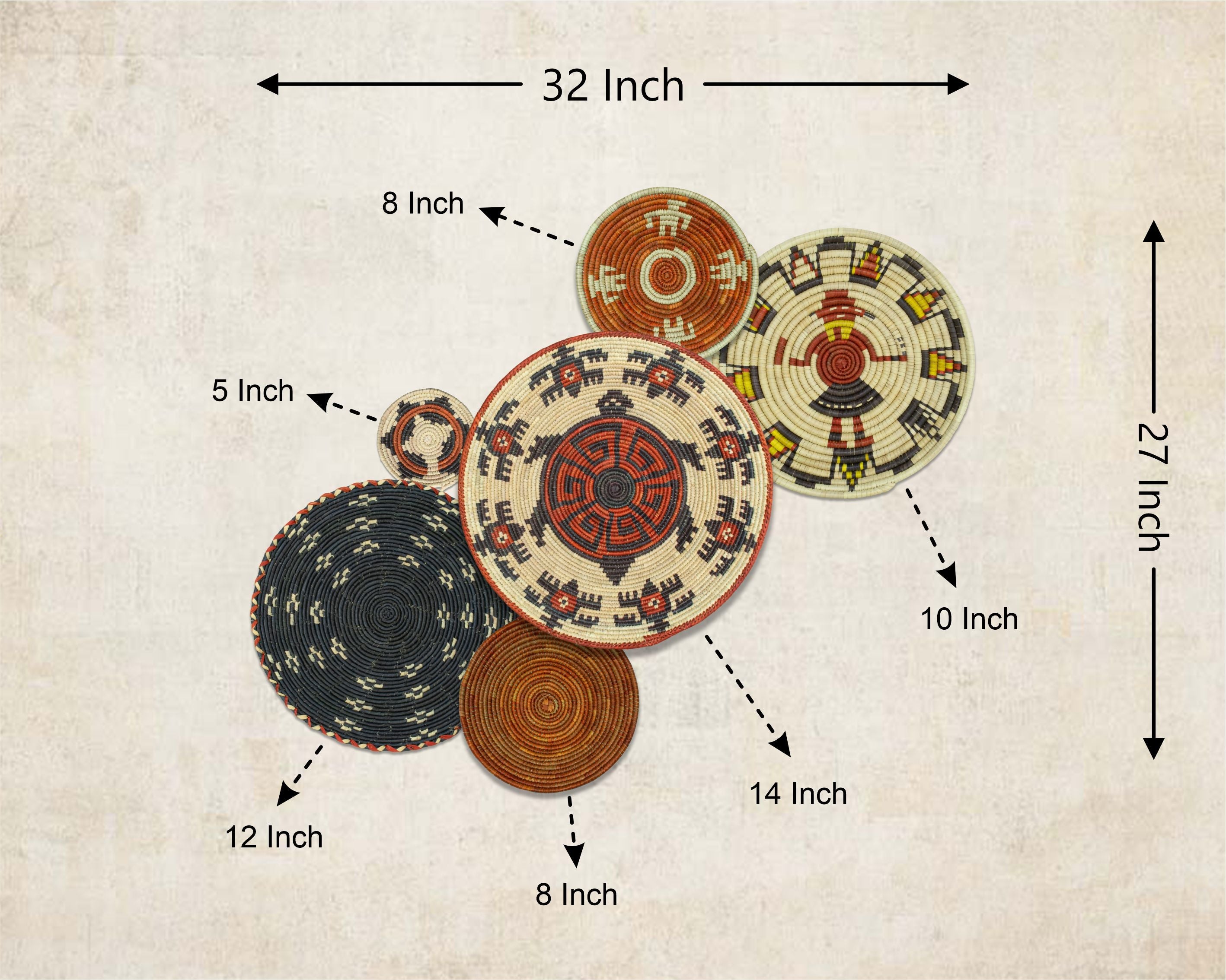 Set of 6 Handwoven wall baskets SET-289-6 N