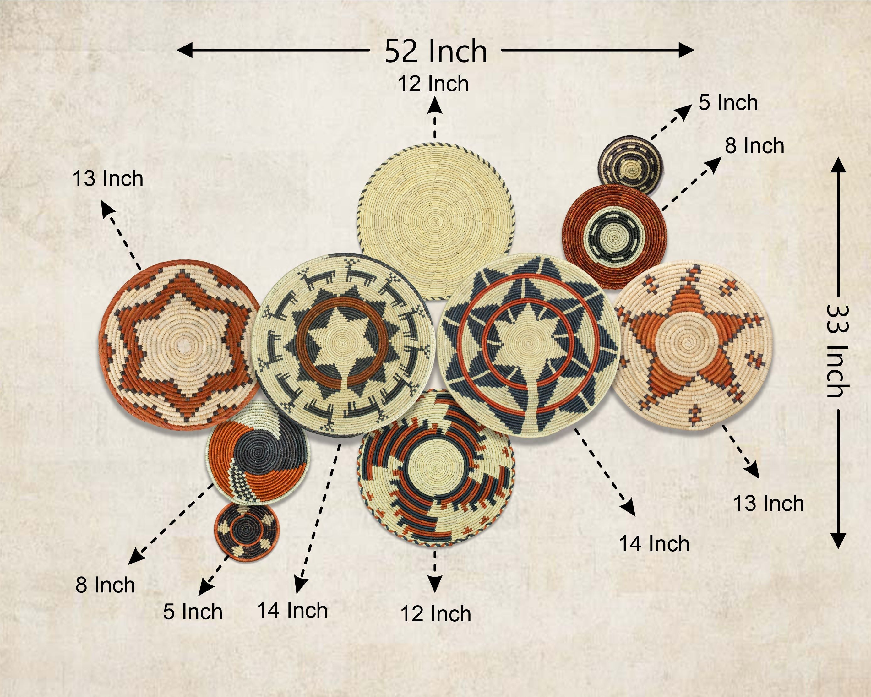 Set of 10 Handwoven wall baskets SET-404-10 N