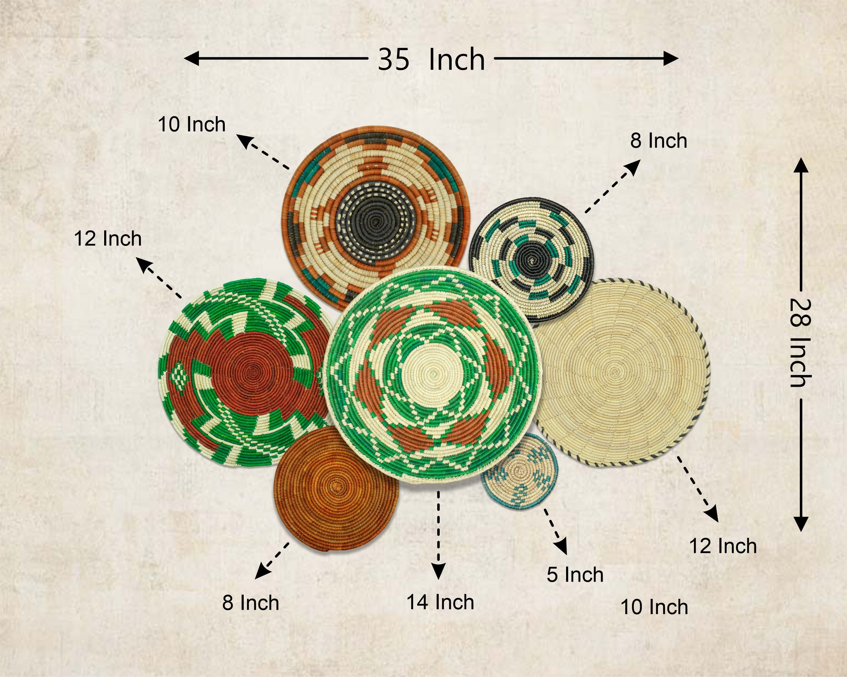 Set of 7 Handwoven wall baskets Set 318-7-N