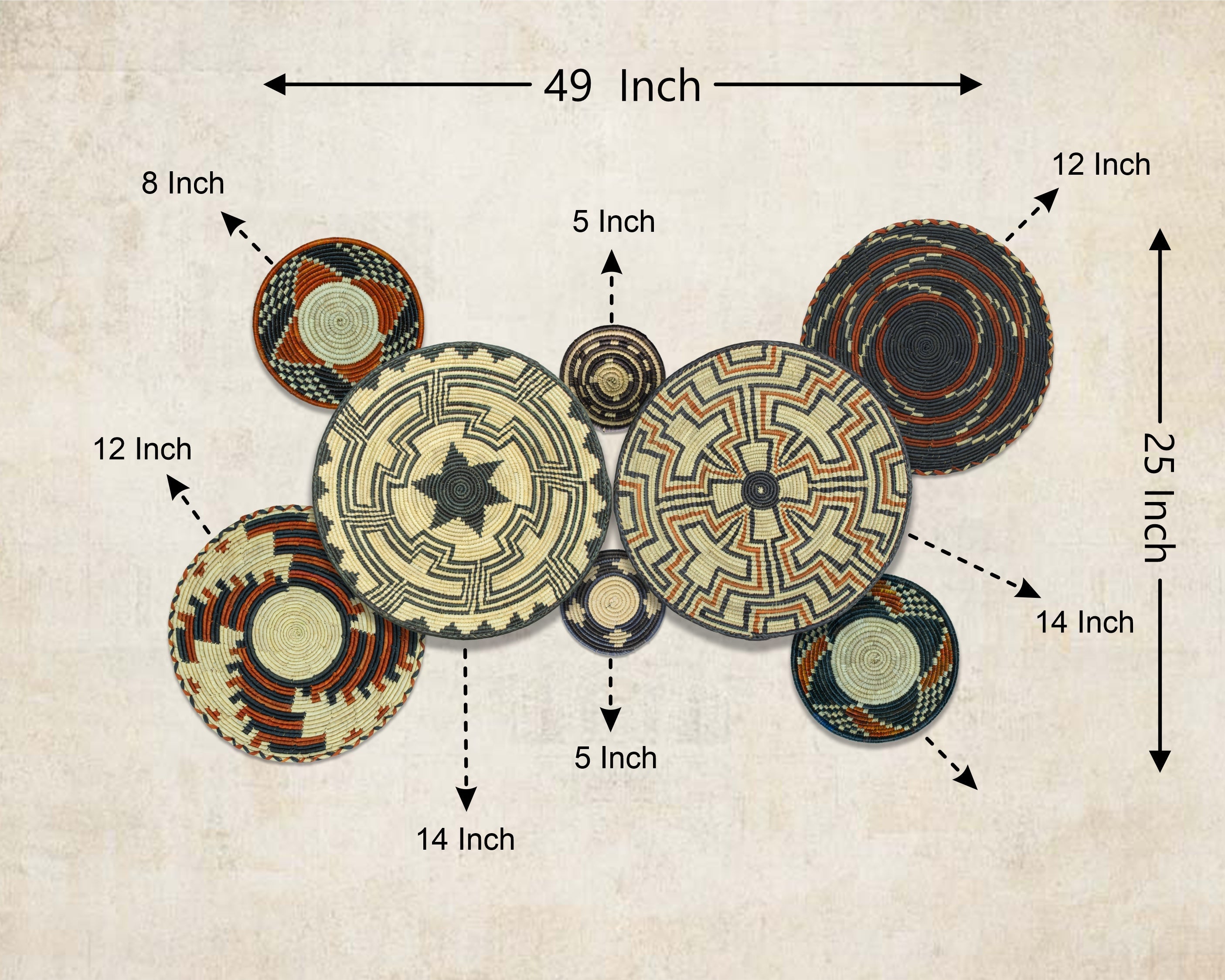 Set of 8 Handwoven wall baskets SET-254-8 N