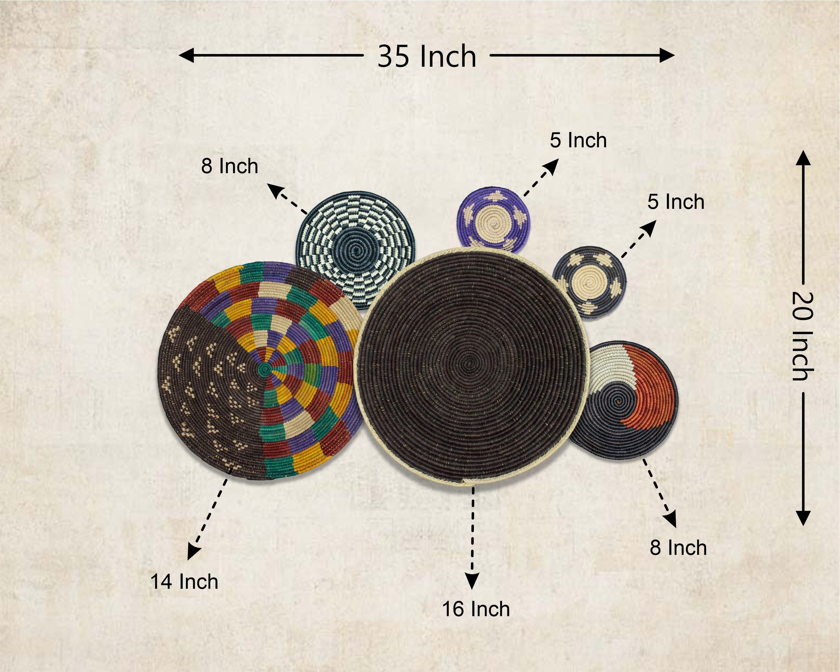 Set of 6 Handwoven wall baskets SET-377-6 N