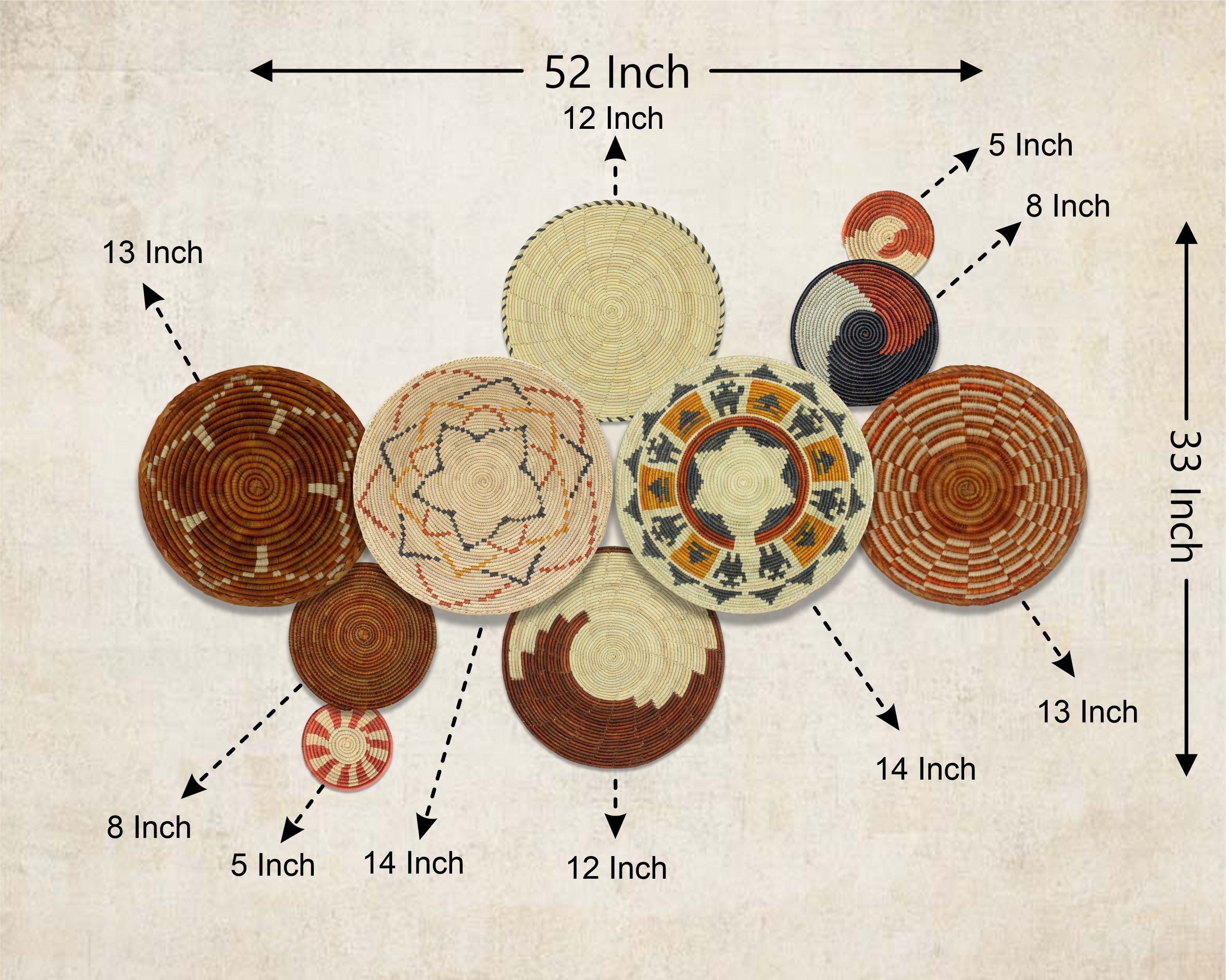 Set of 10 Handwoven wall baskets SET-407-10 N