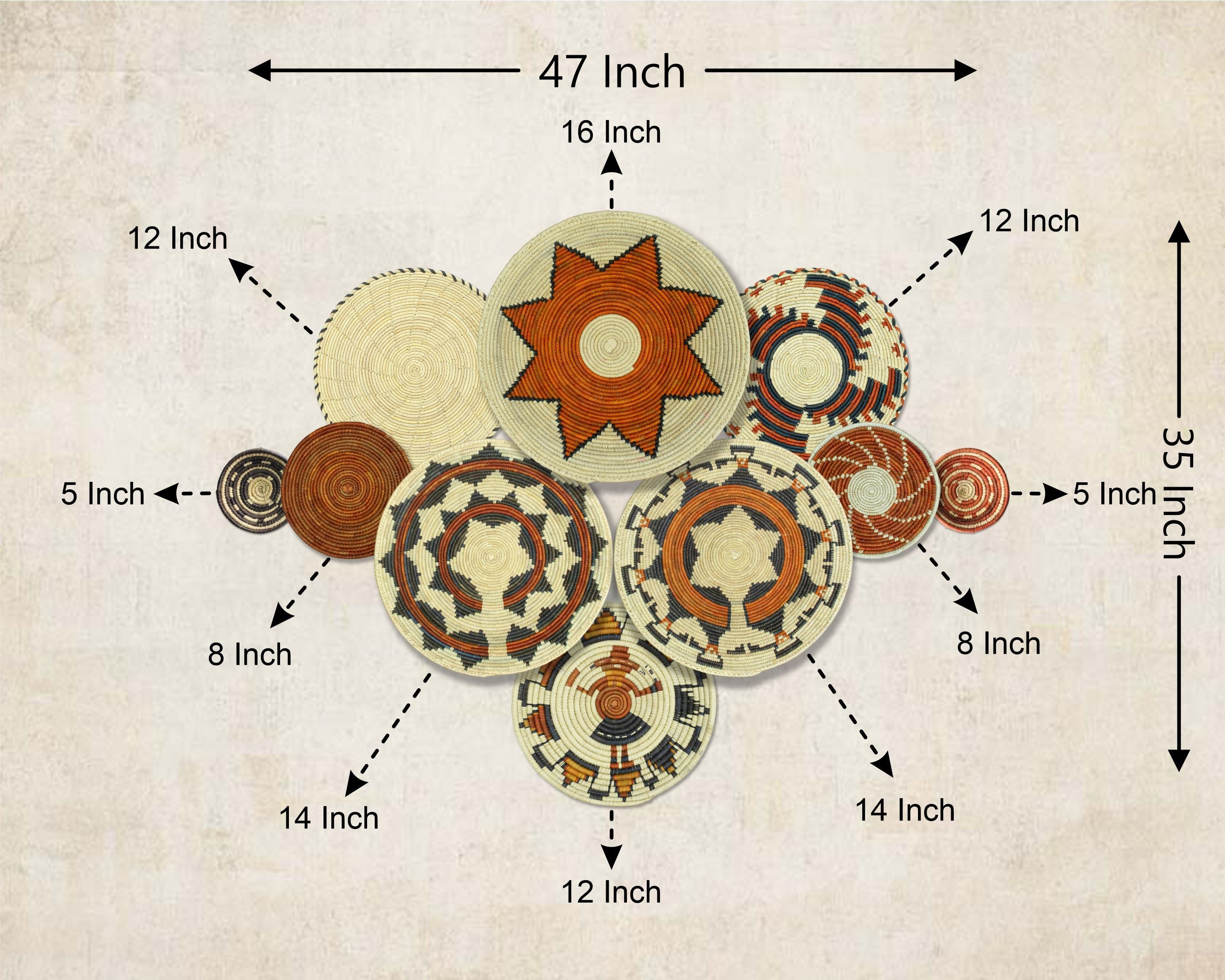 Set of 10 Handwoven wall baskets SET-400-10 N