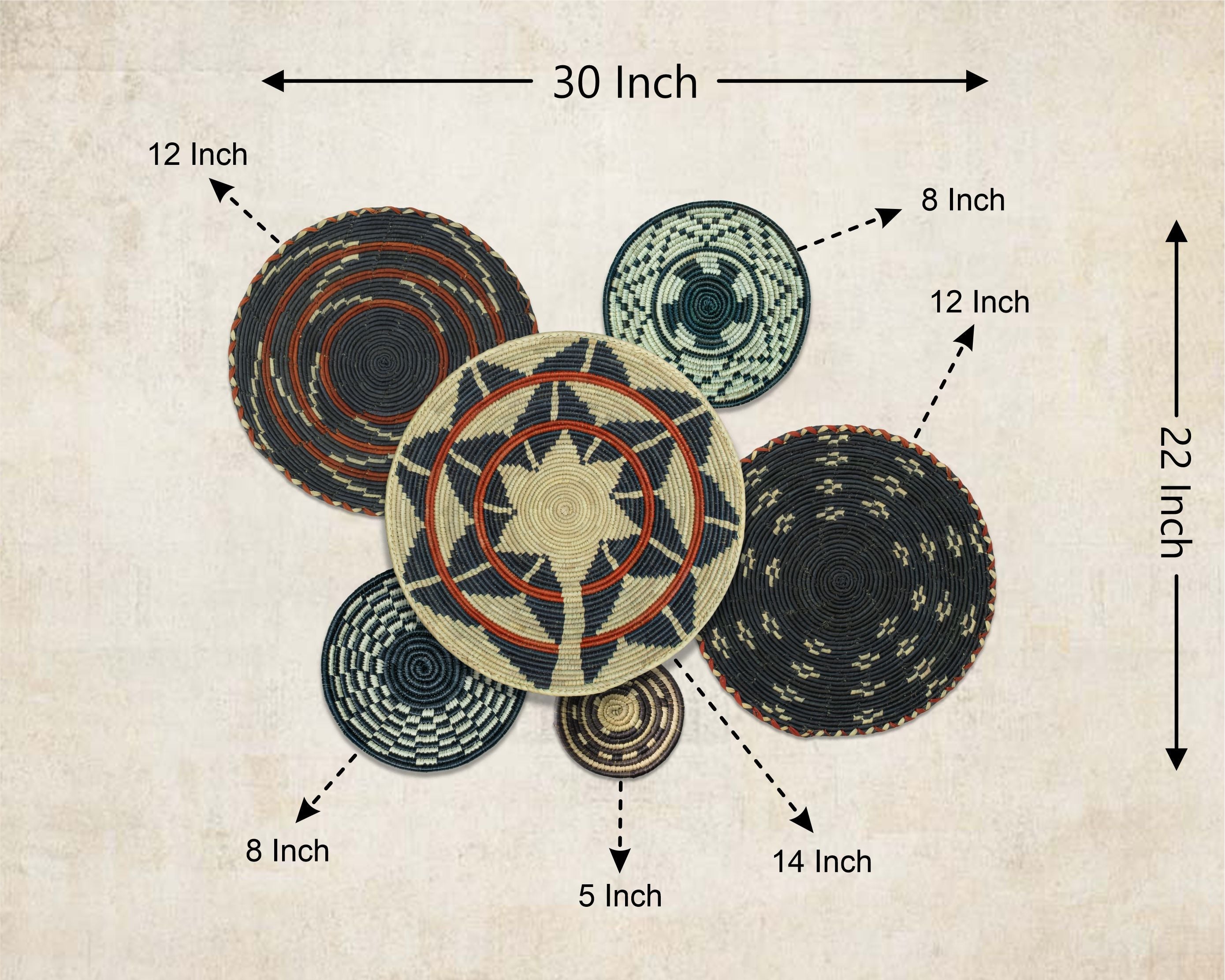 Set of 6 Handwoven wall baskets SET-387-6 N