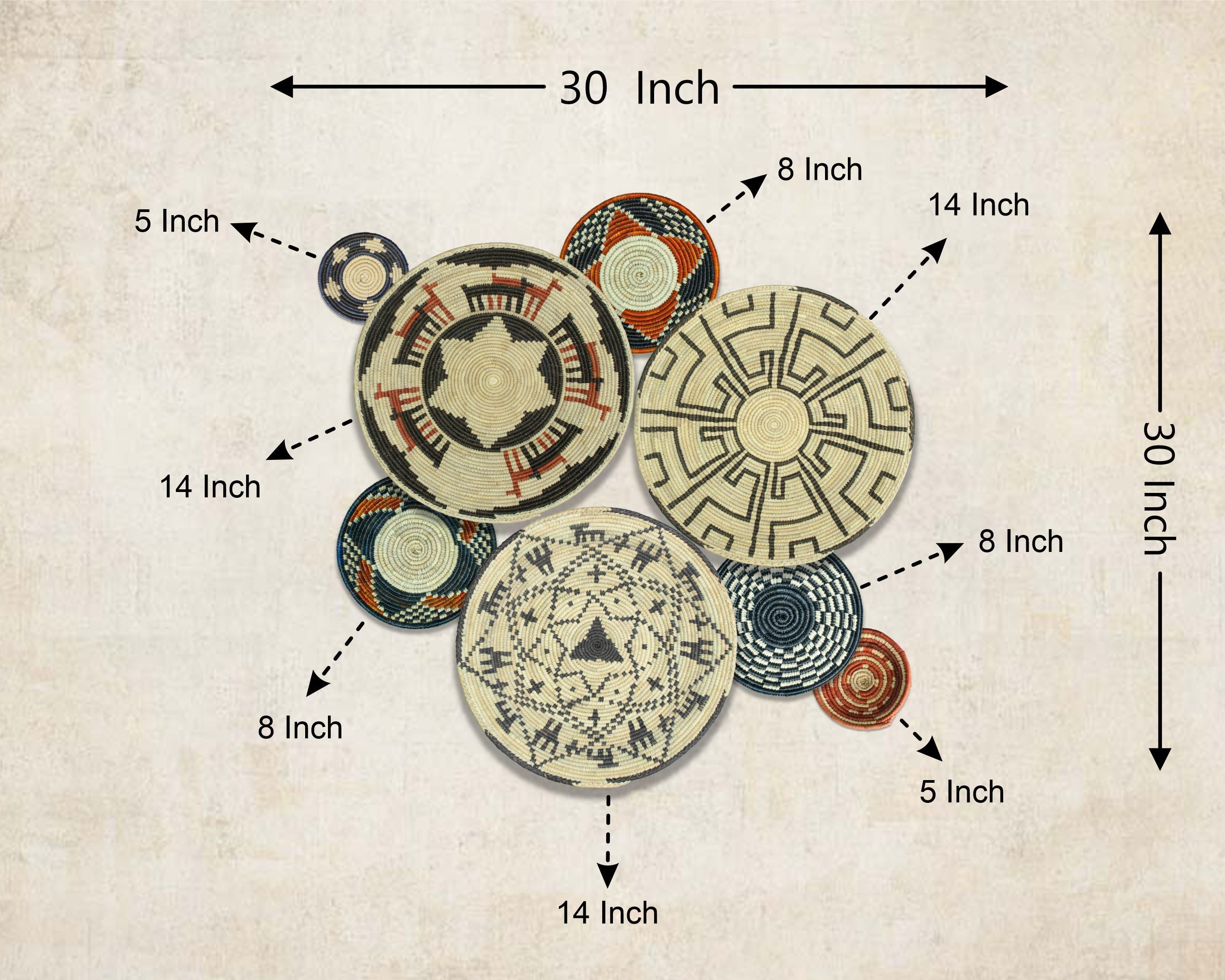 Set of 8 Handwoven wall baskets SET-364-8 N