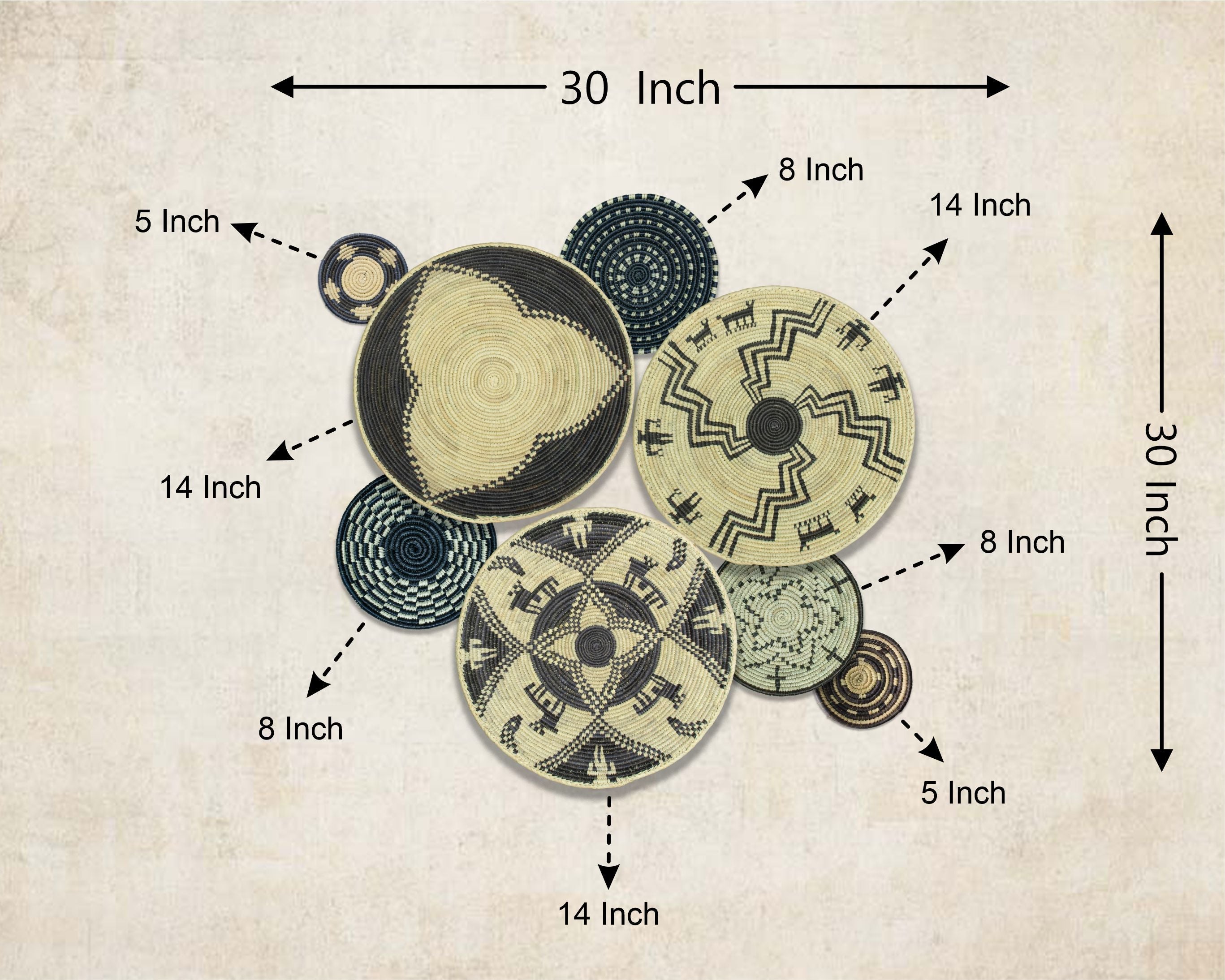 Set of 8 Handwoven wall baskets SET-366-8 N