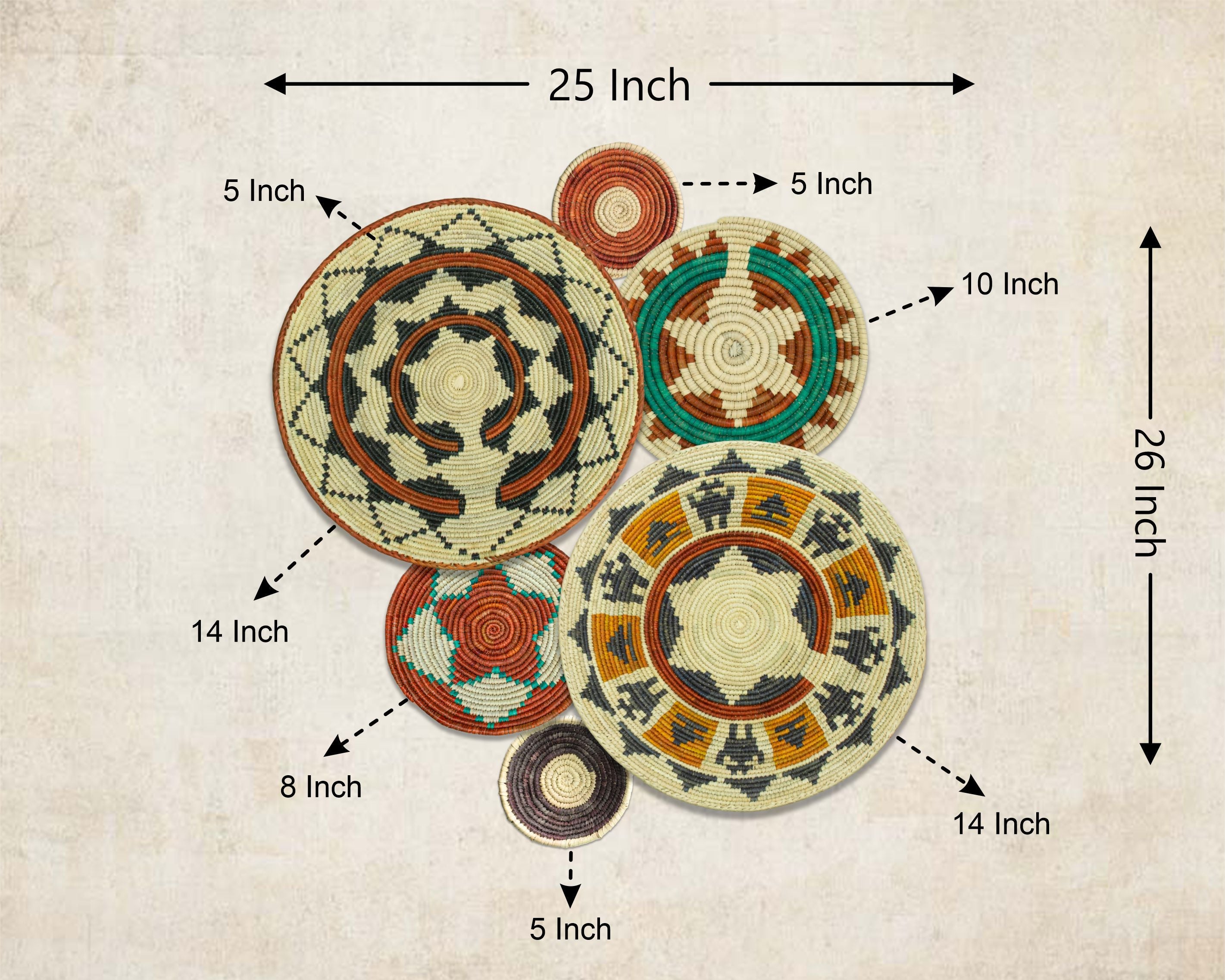 Set of 6 Handwoven wall baskets SET-287-6 N