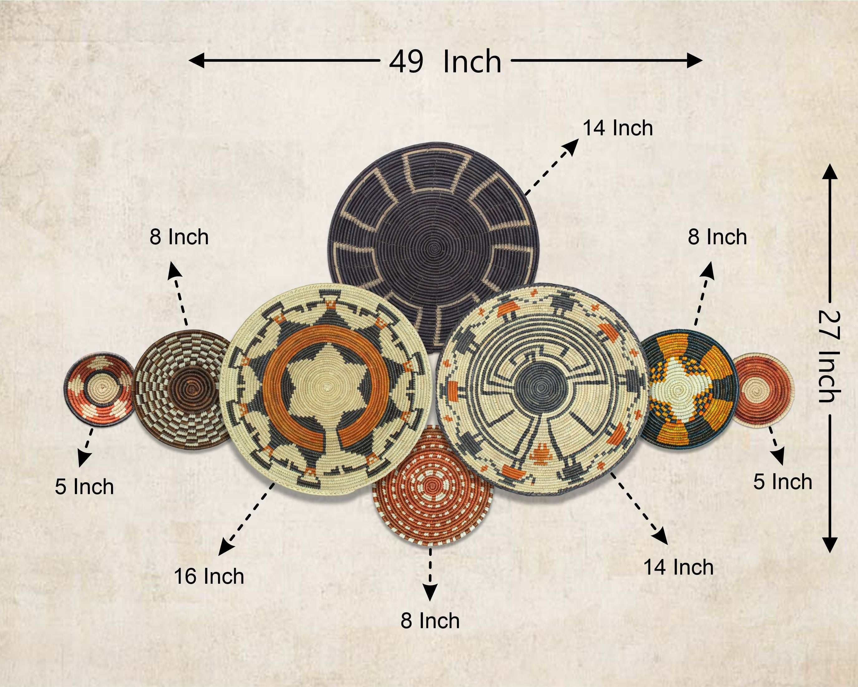 Set of 8 Handwoven wall baskets SET-360-8 N