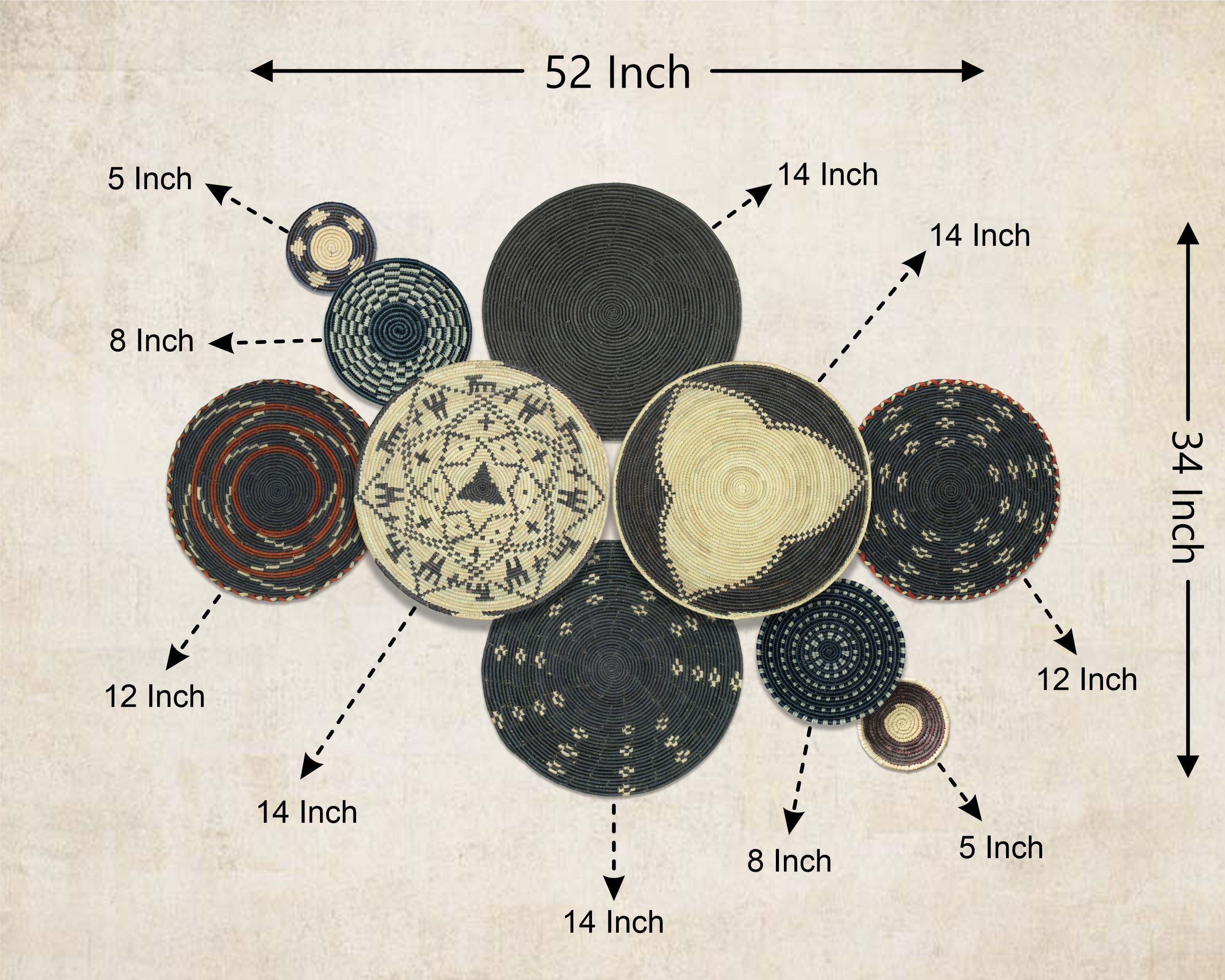 Set of 10 Handwoven wall baskets SET-410-10 N