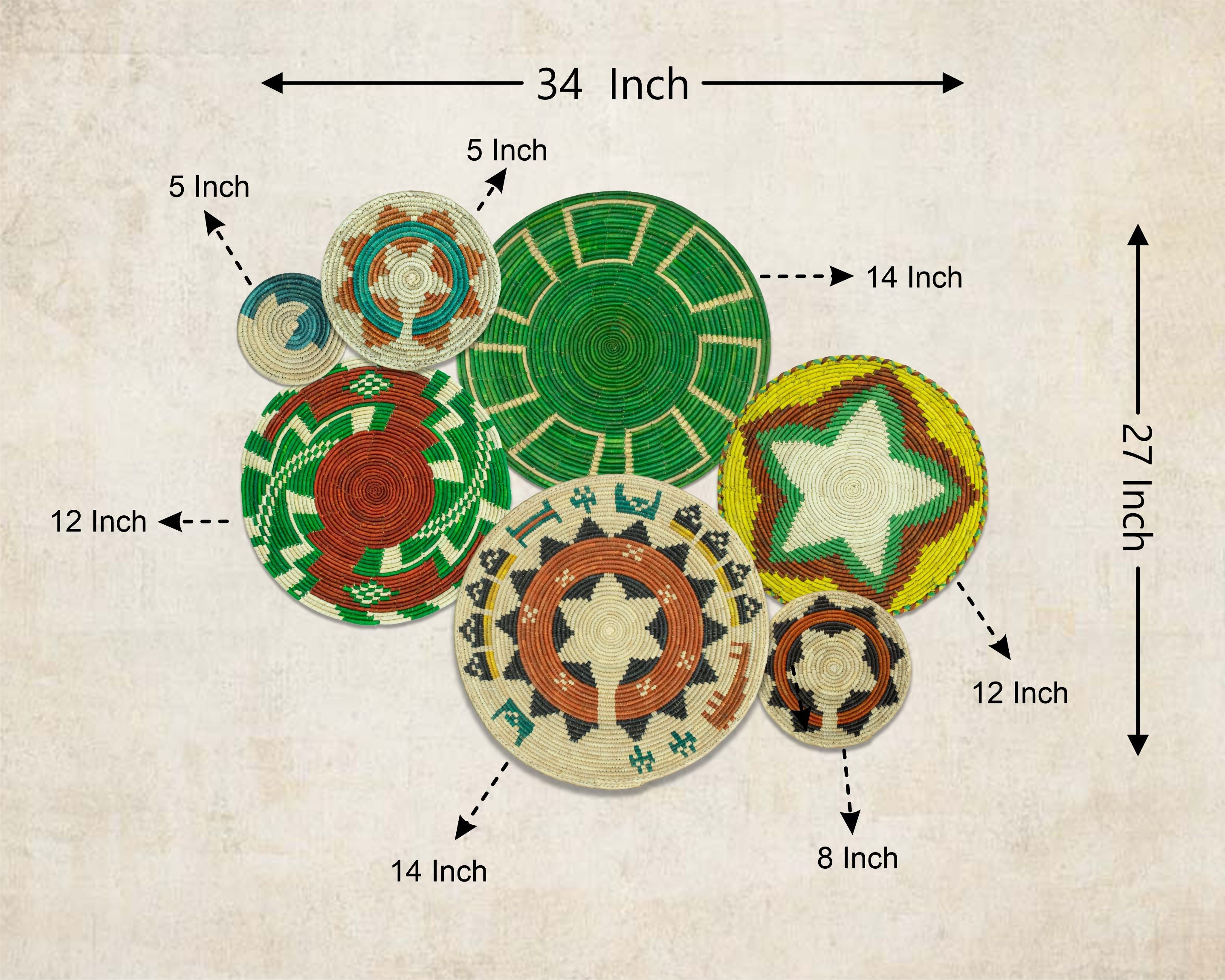 Set of 7 Handwoven wall baskets Set 306-7-N