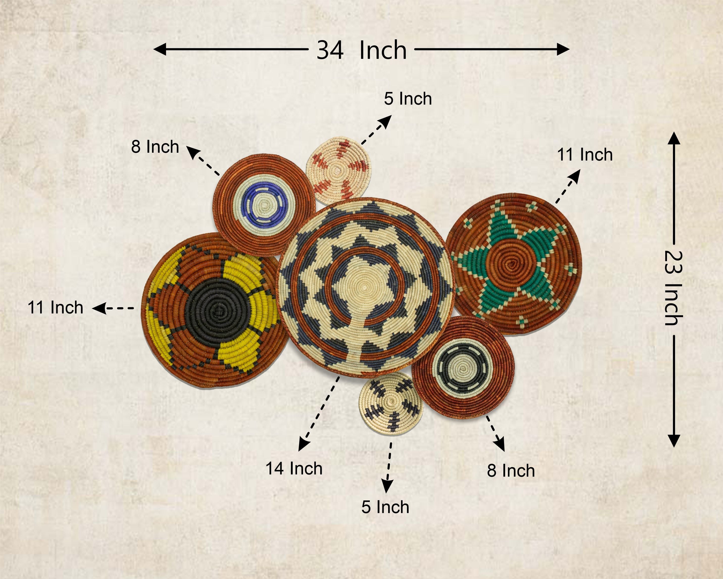 Set of 7 Handwoven wall baskets Set 307-7-N