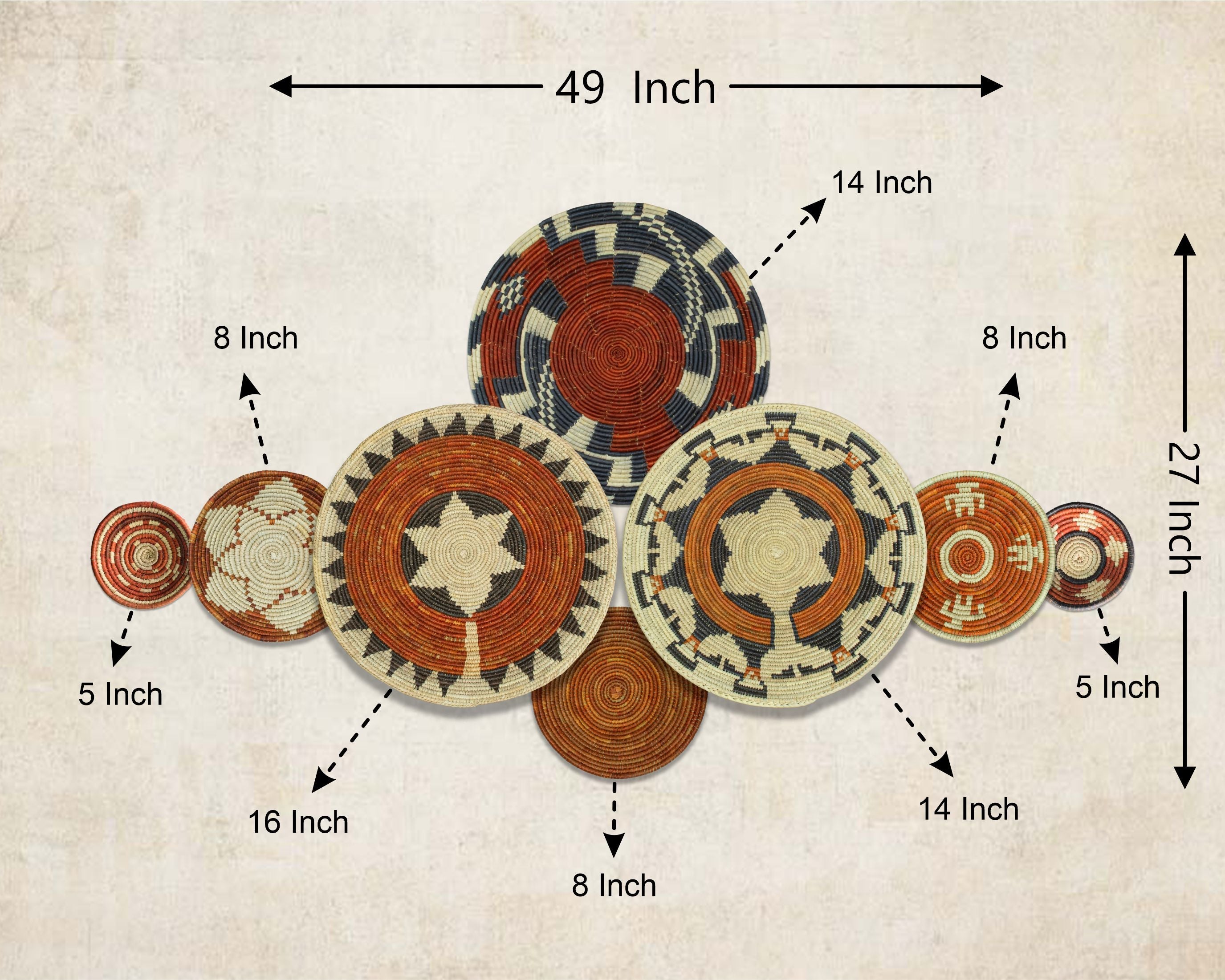 Set of 8 Handwoven wall baskets SET-362-8 N