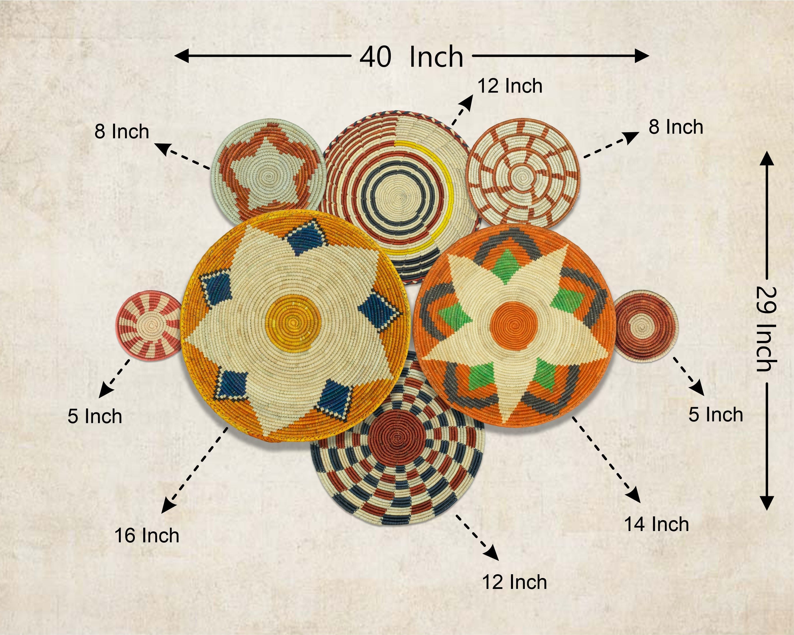 Set of 8 Handwoven wall baskets SET-359-8 N