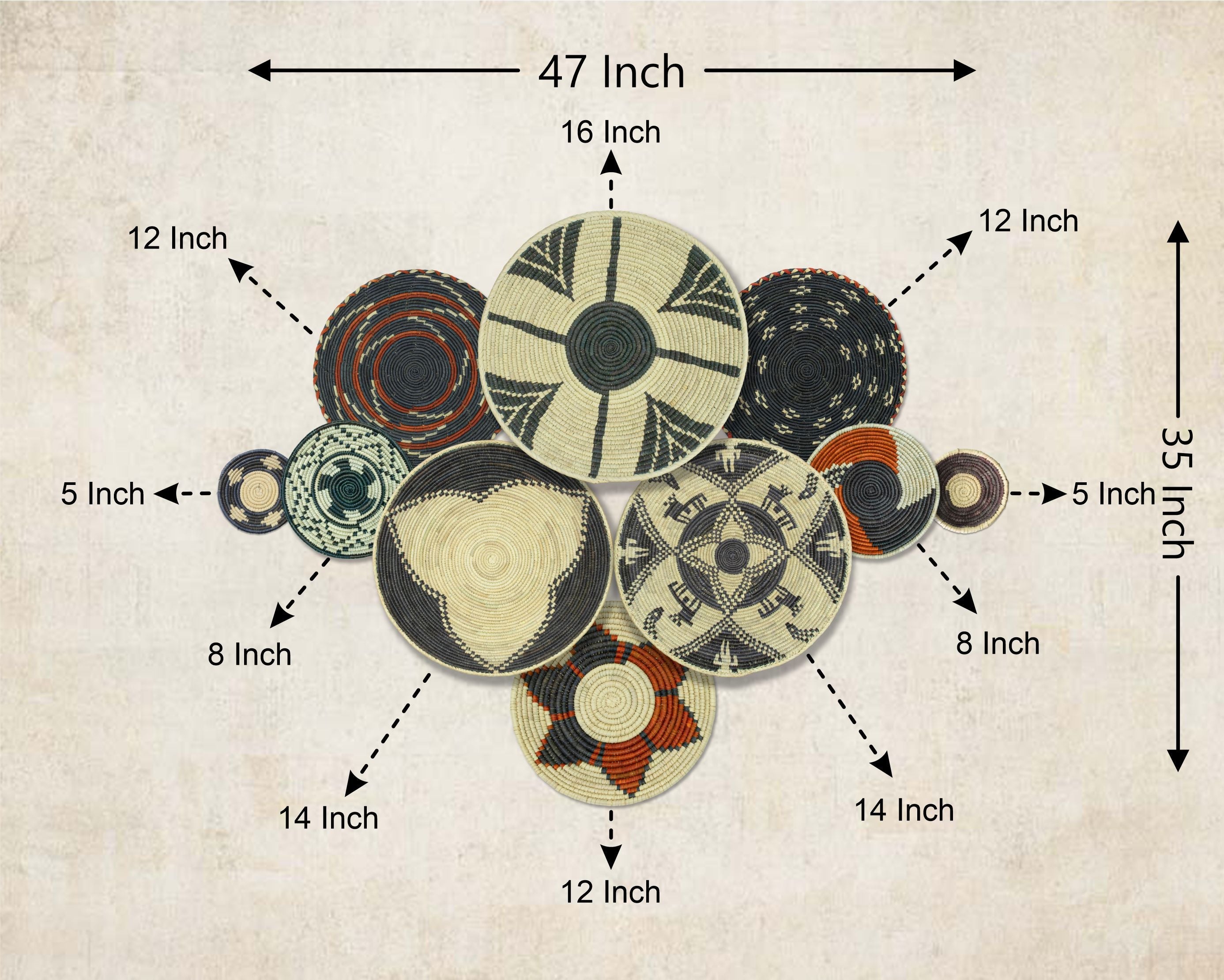 Set of 10 Handwoven wall baskets SET-401-10 N