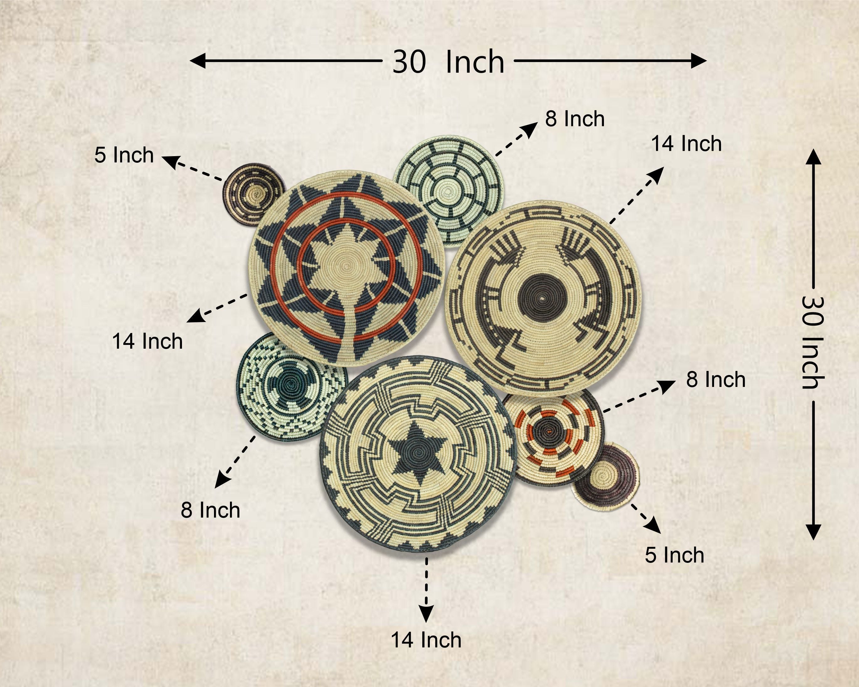 Set of 8 Handwoven wall baskets SET-365-8 N