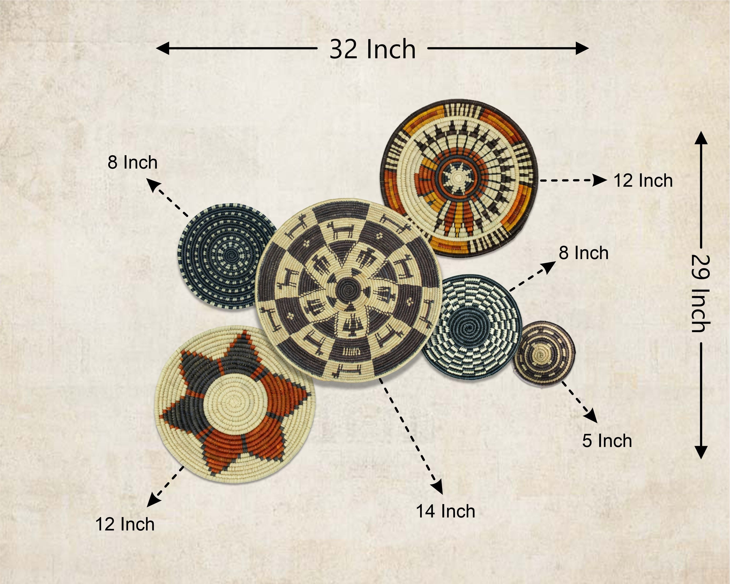 Set of 6 Handwoven wall baskets SET-393-6 N