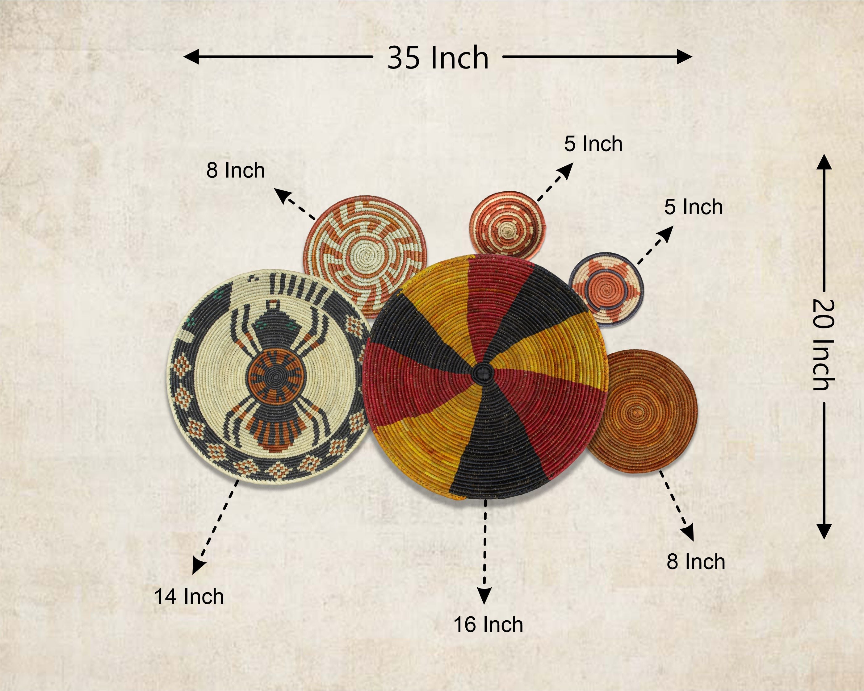 Set of 6 Handwoven wall baskets SET-375-6 N