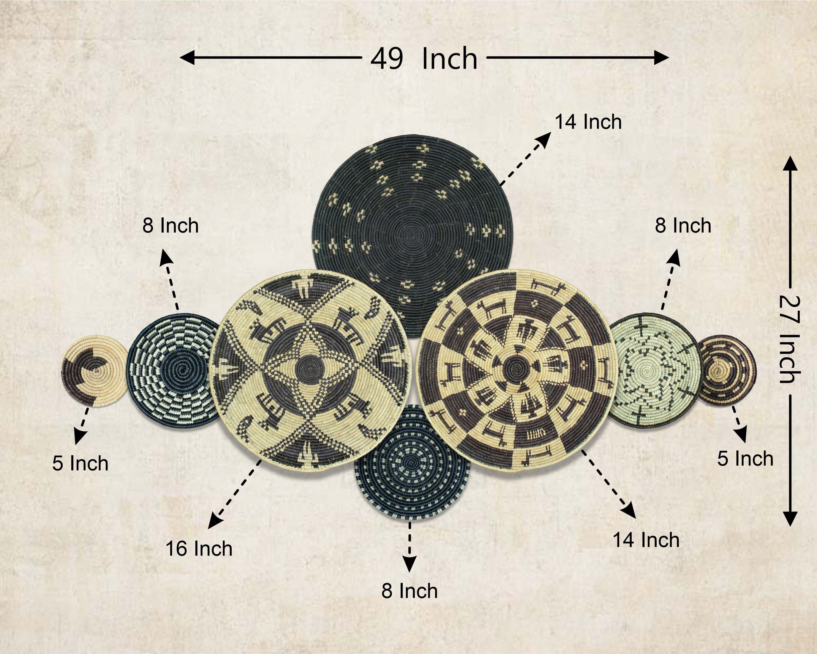 Set of 8 Handwoven wall baskets SET-361-8 N