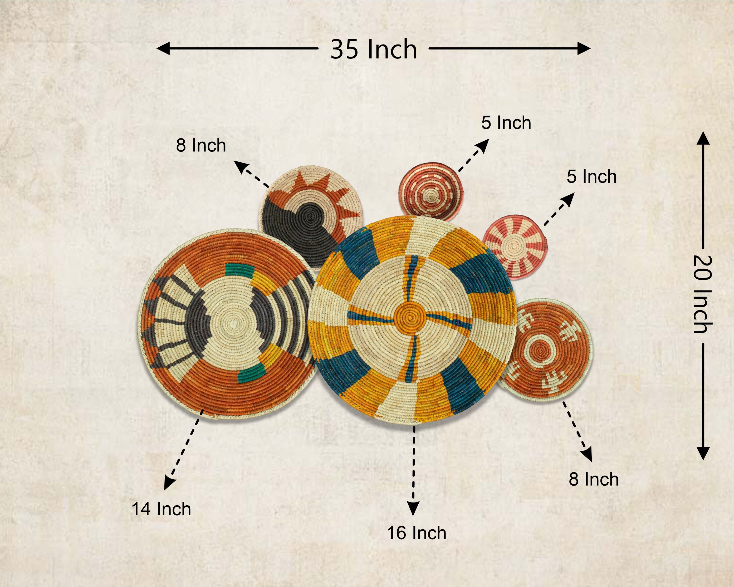 Set of 6 Handwoven wall baskets SET-378-6 N