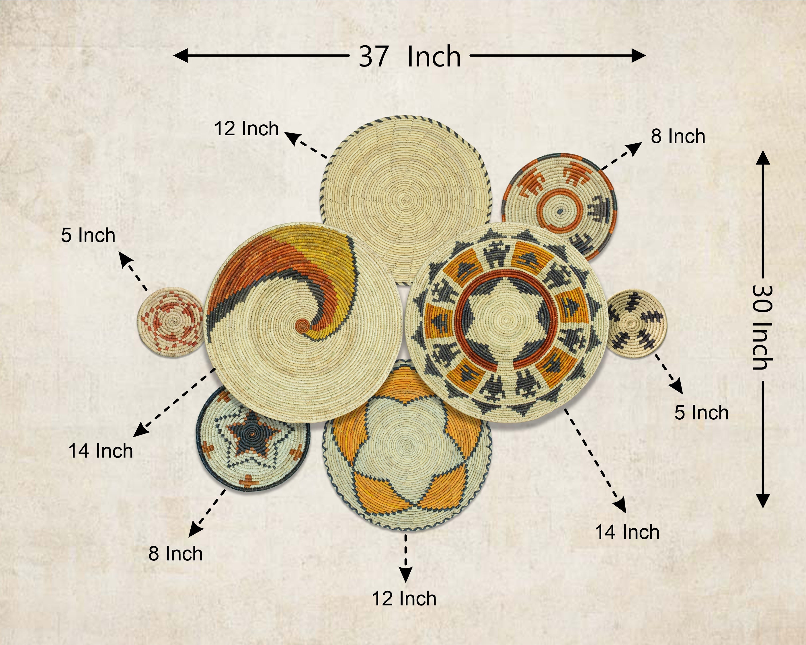 Set of 8 Handwoven wall baskets SET-250-8 N