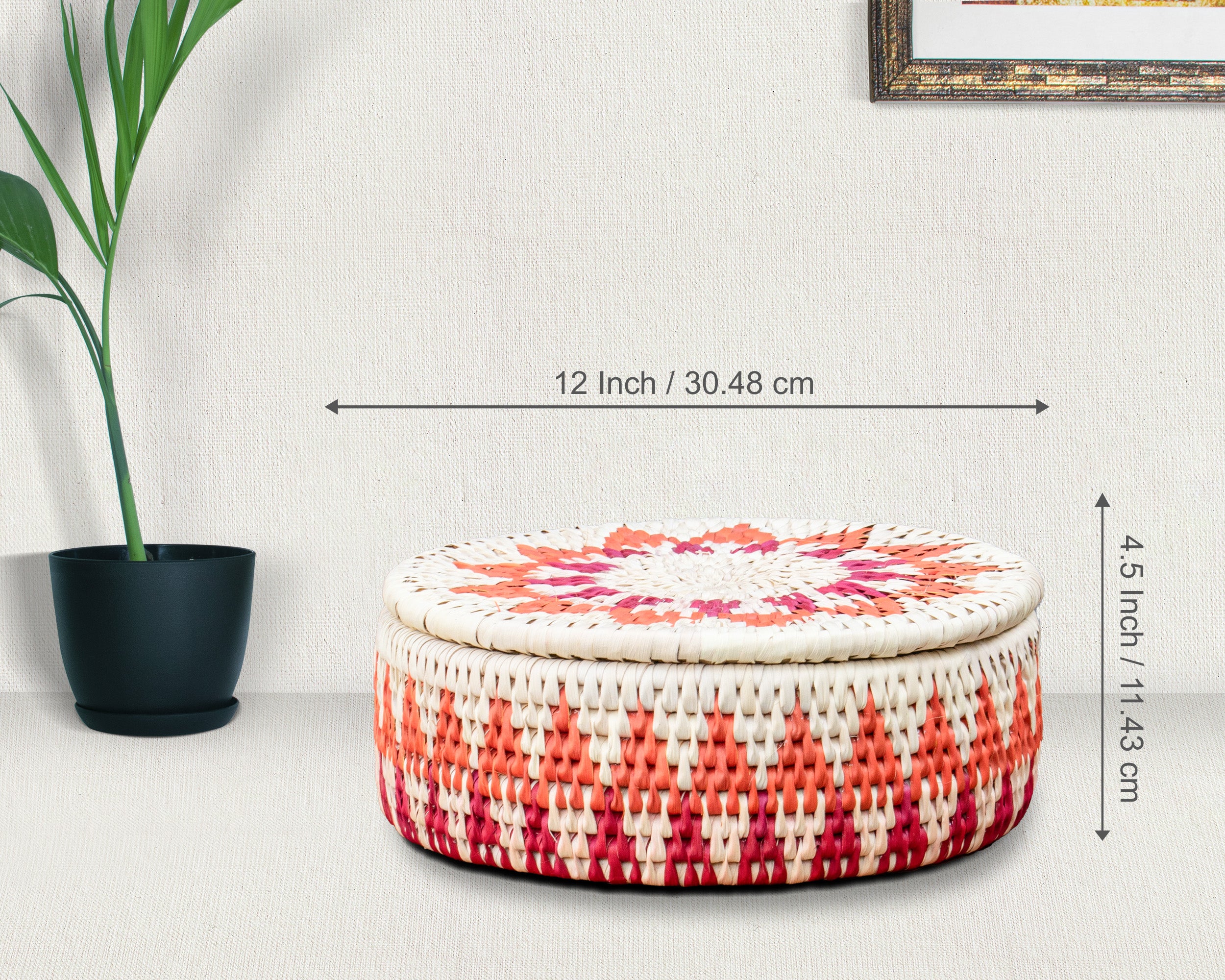 Handwoven Coral Pink Medallion Basket with Lid