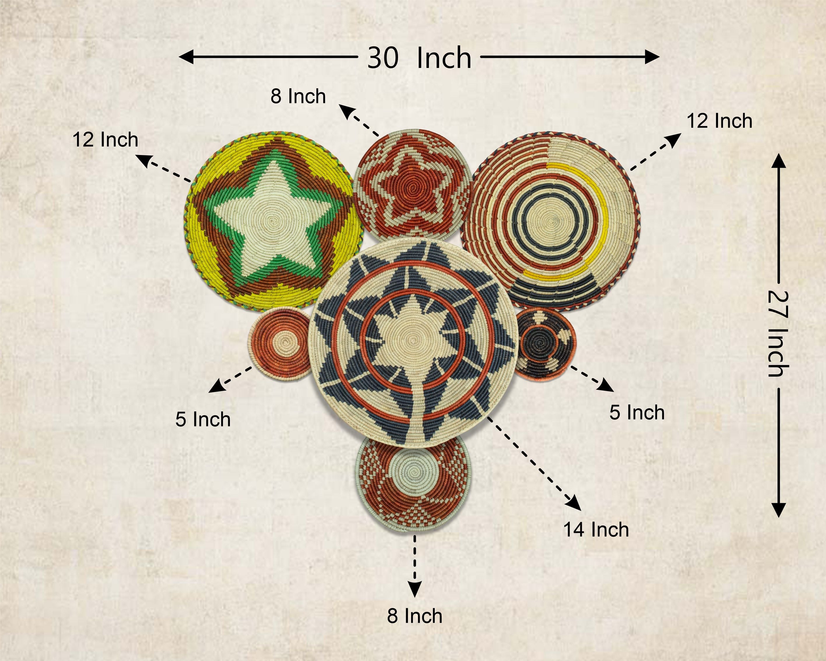 Set of 7 Handwoven wall baskets Set 321-7-N