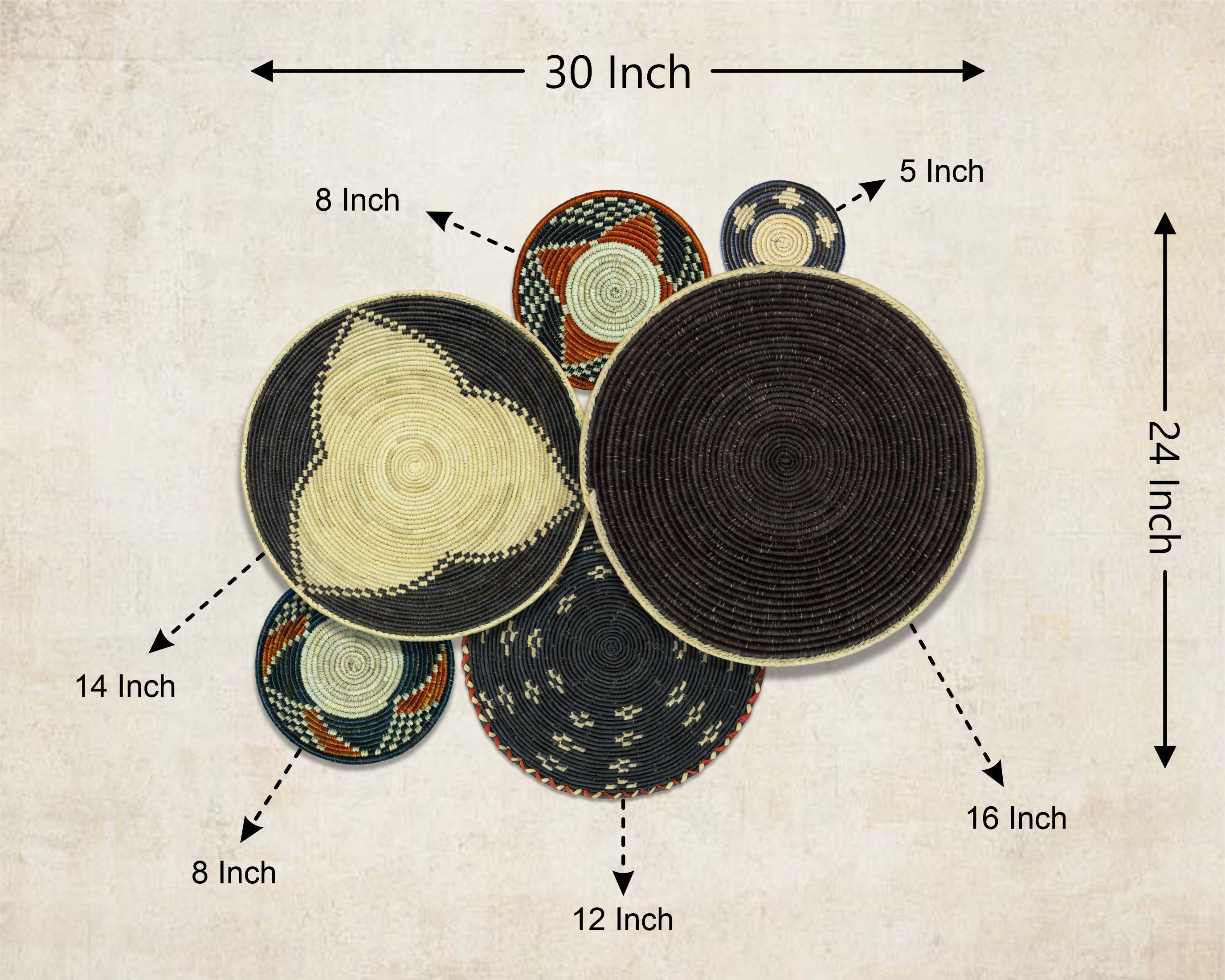 Set of 6 Handwoven wall baskets SET-273-6 N