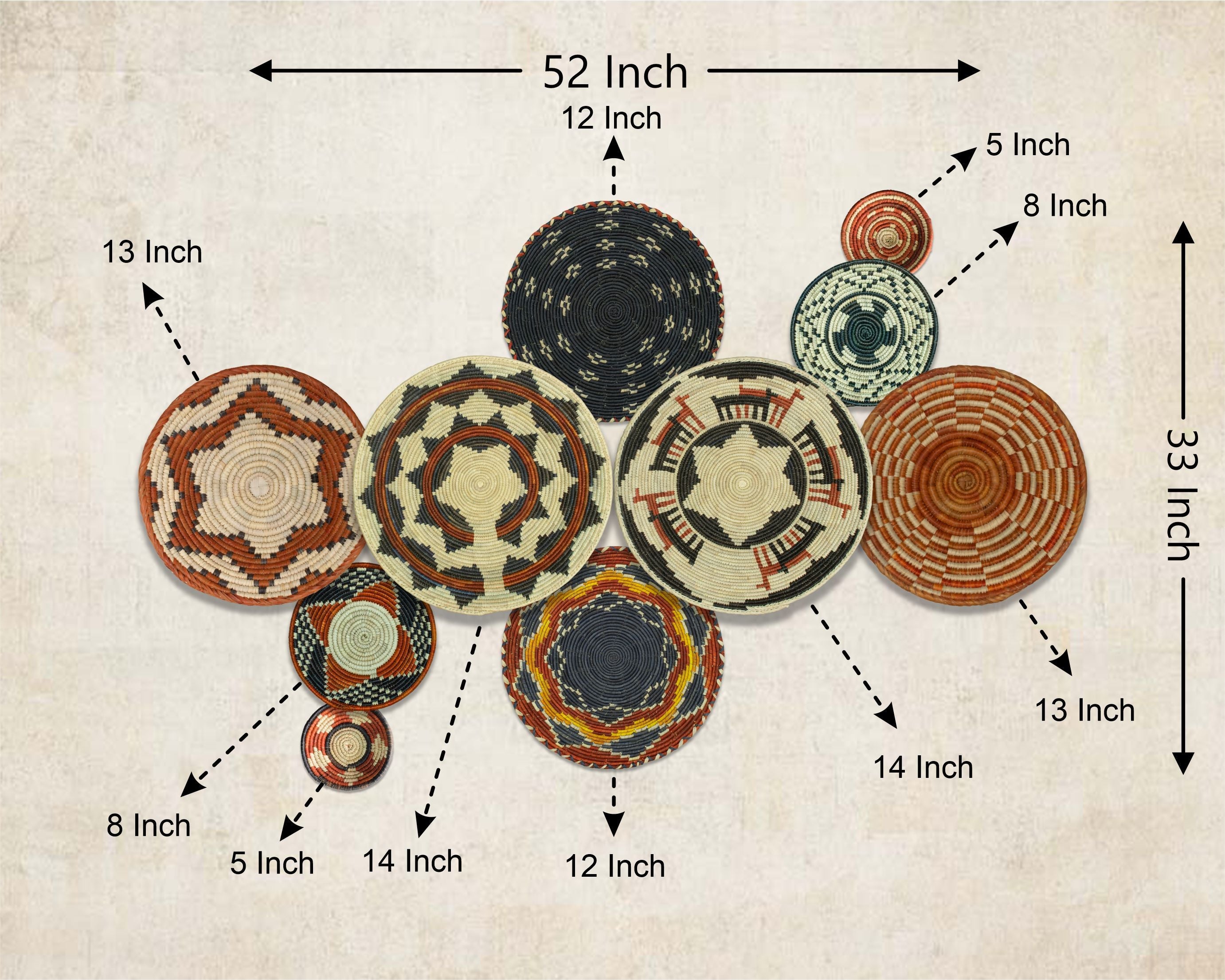 Set of 10 Handwoven wall baskets SET-405-10 N