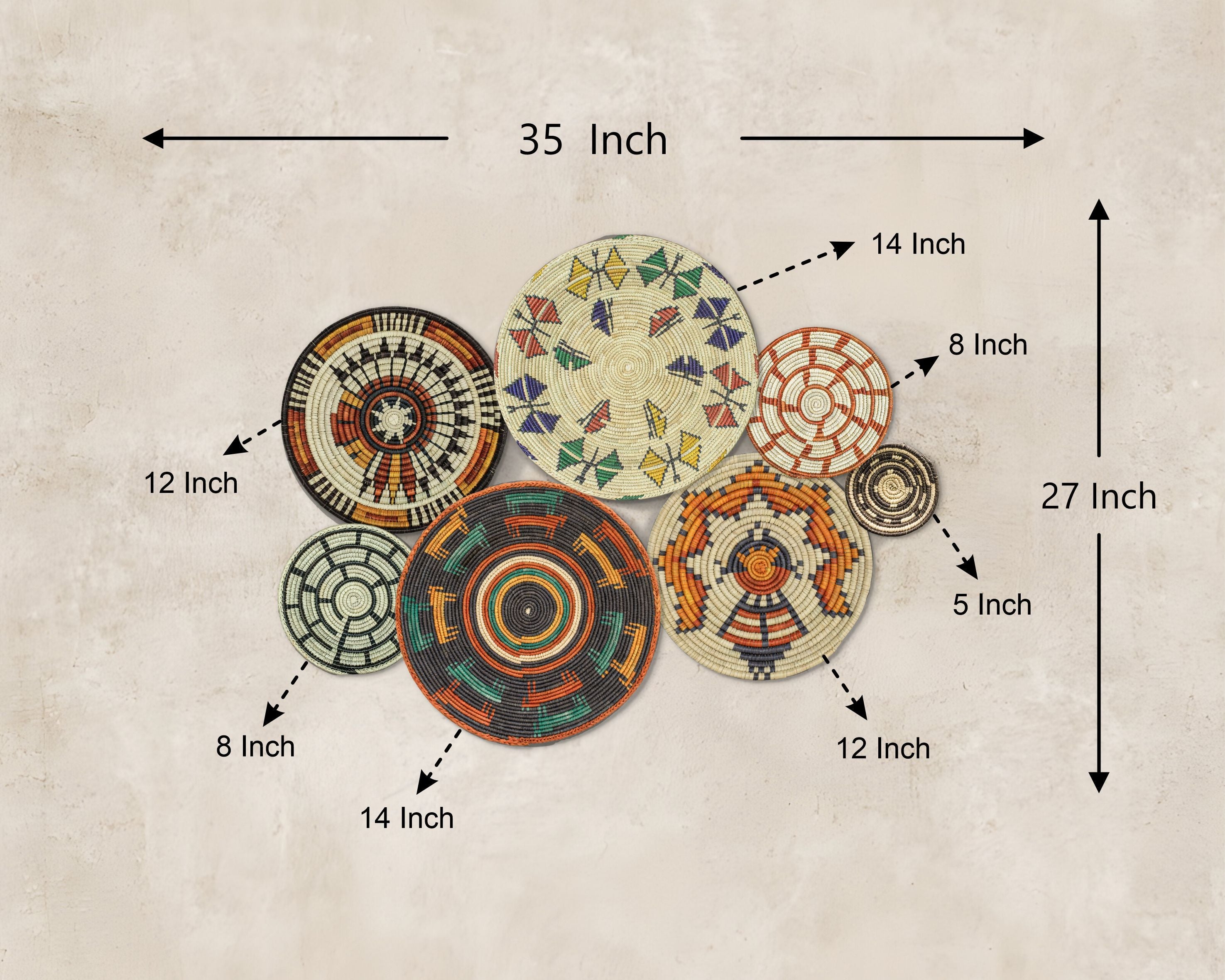 Set of 7 Handwoven wall baskets Set 40-7-N