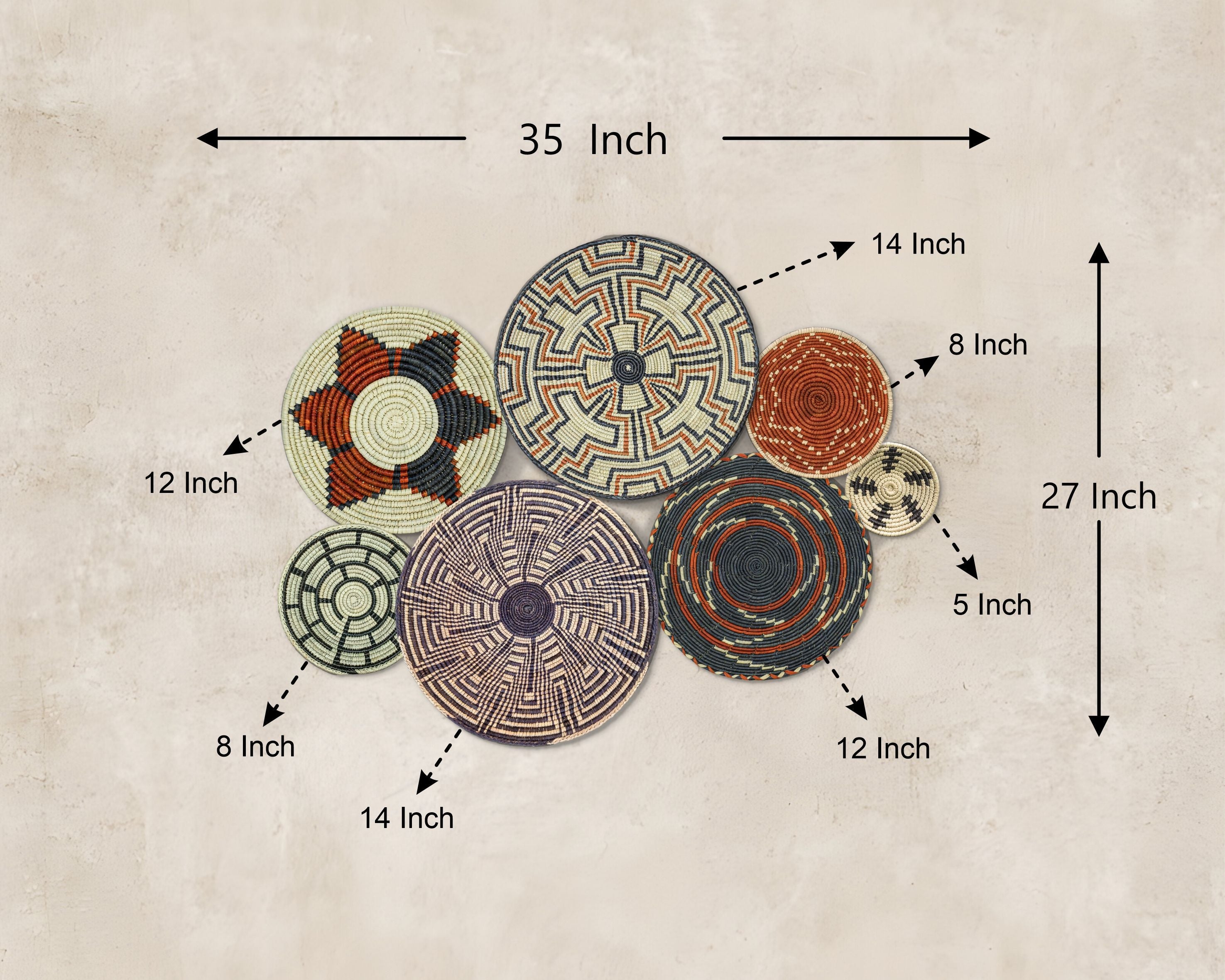 Set of 7 Handwoven wall baskets Set 50-7-N