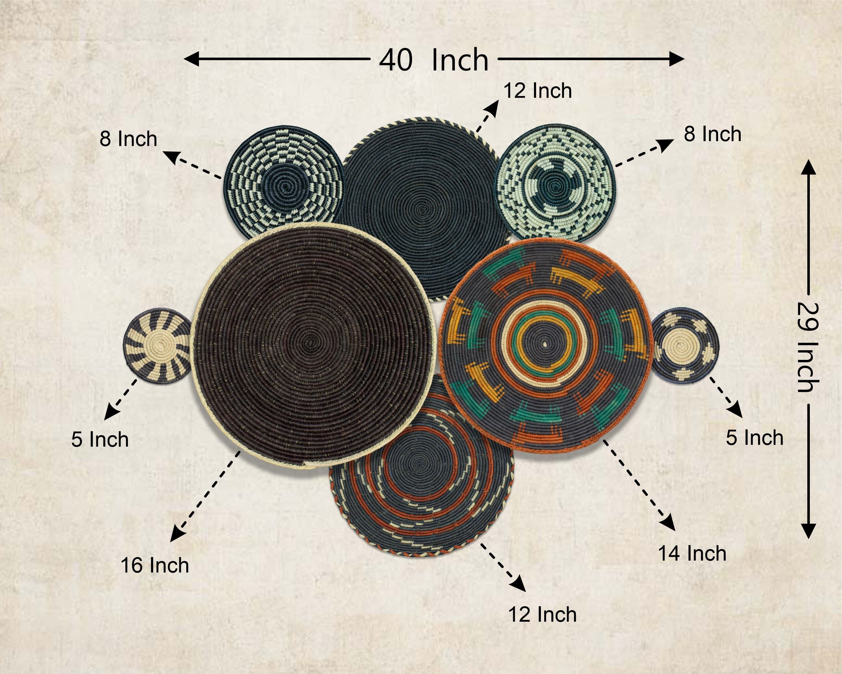 Set of 8 Handwoven wall baskets SET-357-8 N