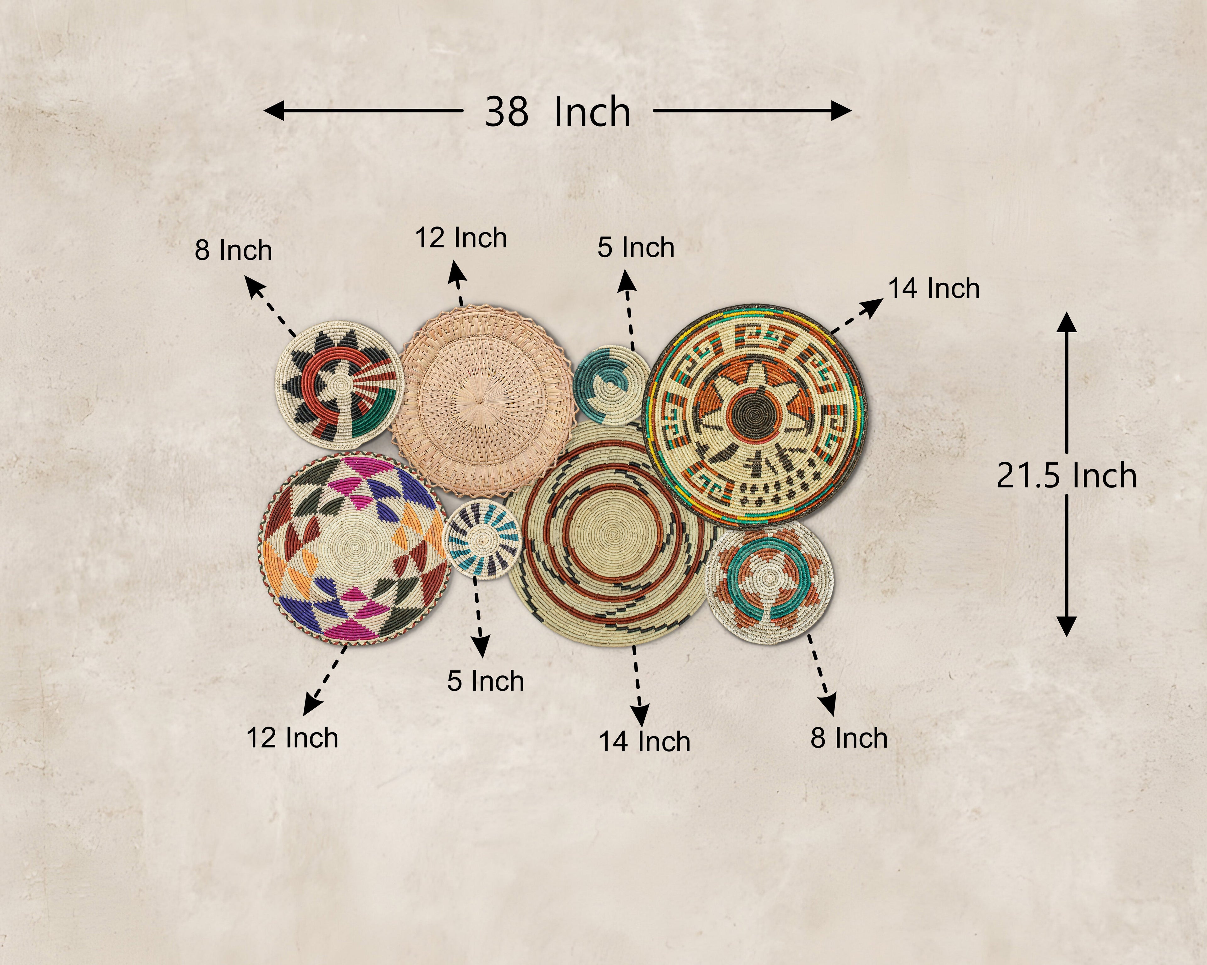 Set of 8 Handwoven wall baskets SET-242-8 N