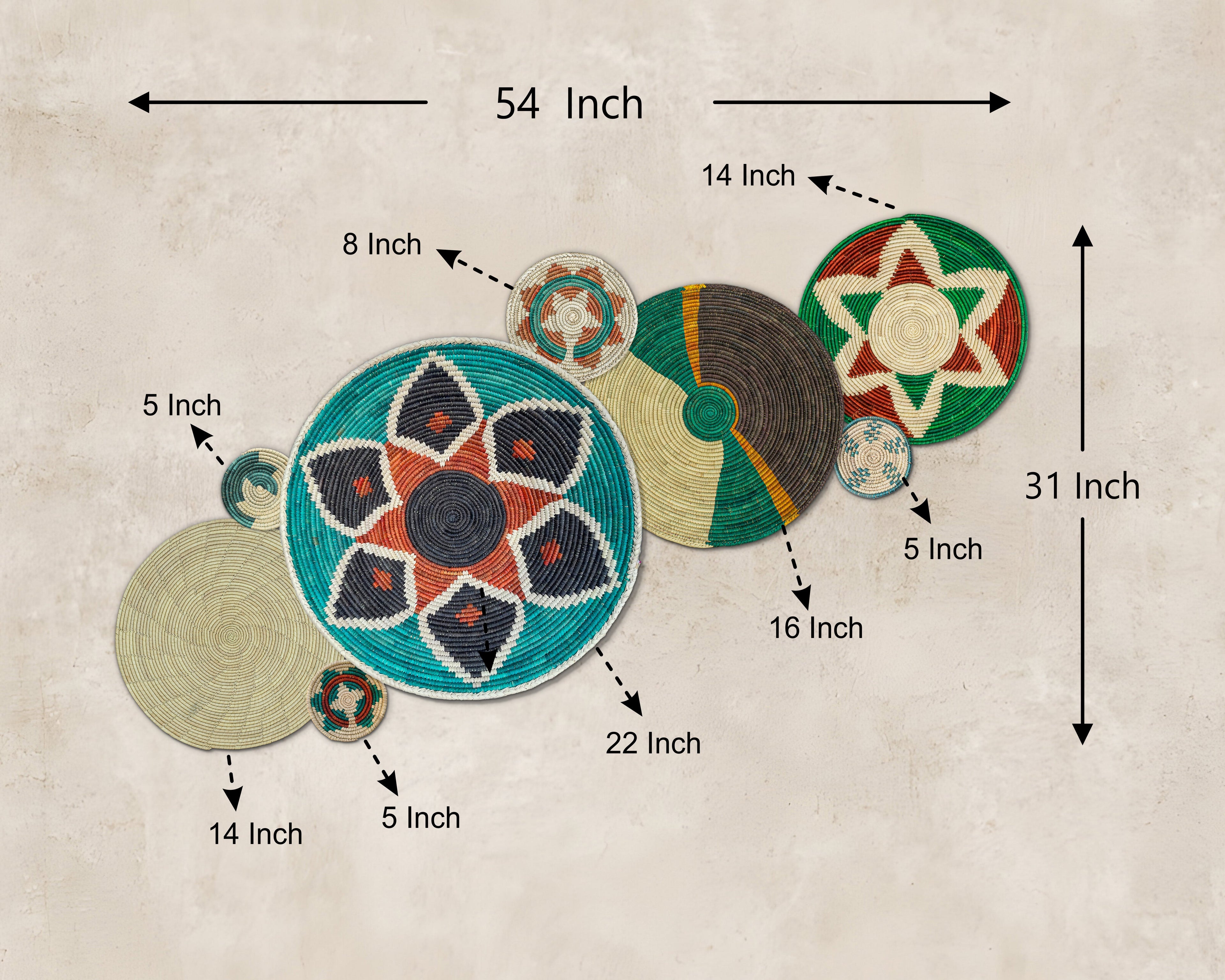 Set of 8 Handwoven wall baskets SET-325-8 N