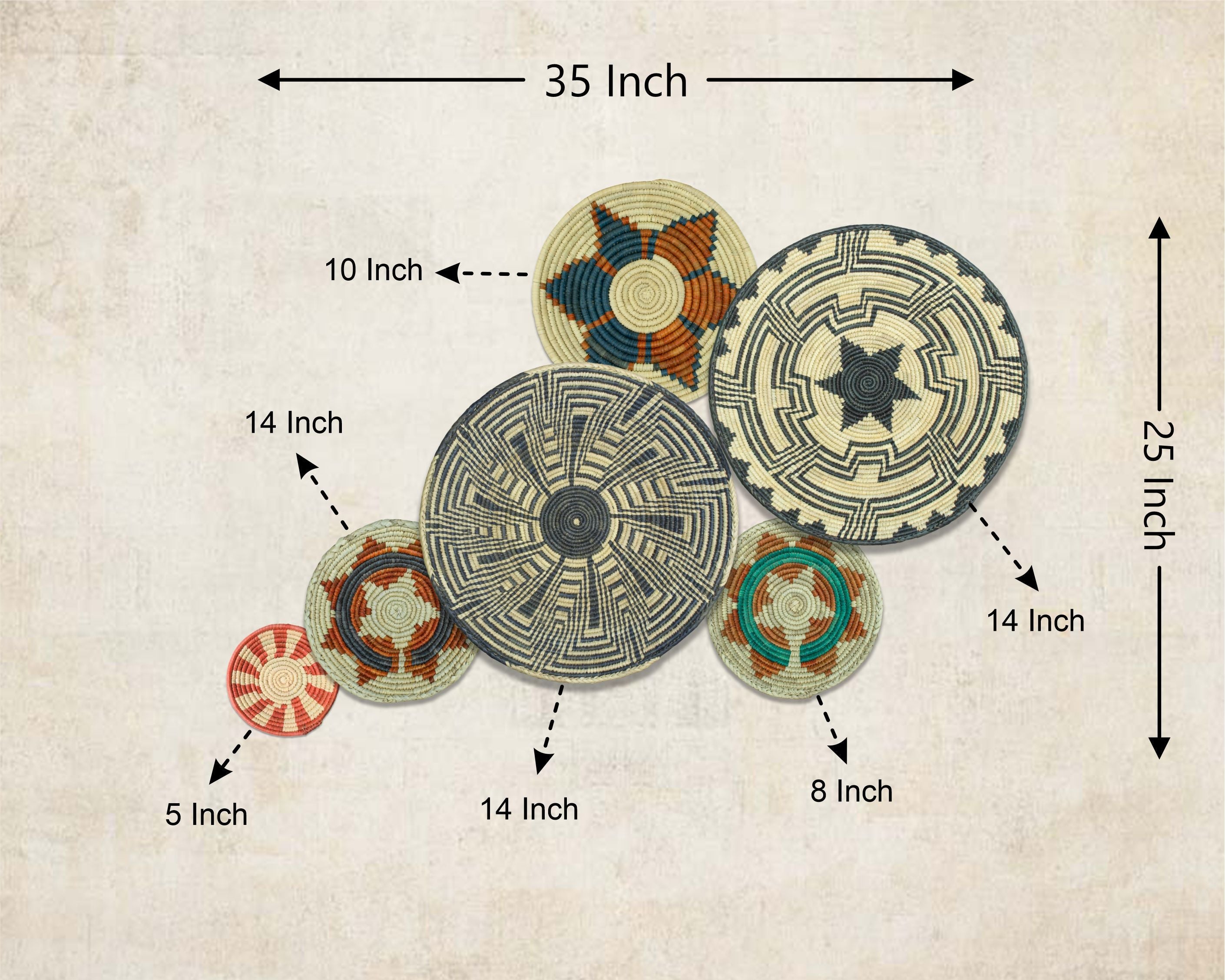 Set of 6 Handwoven wall baskets SET-294-6 N