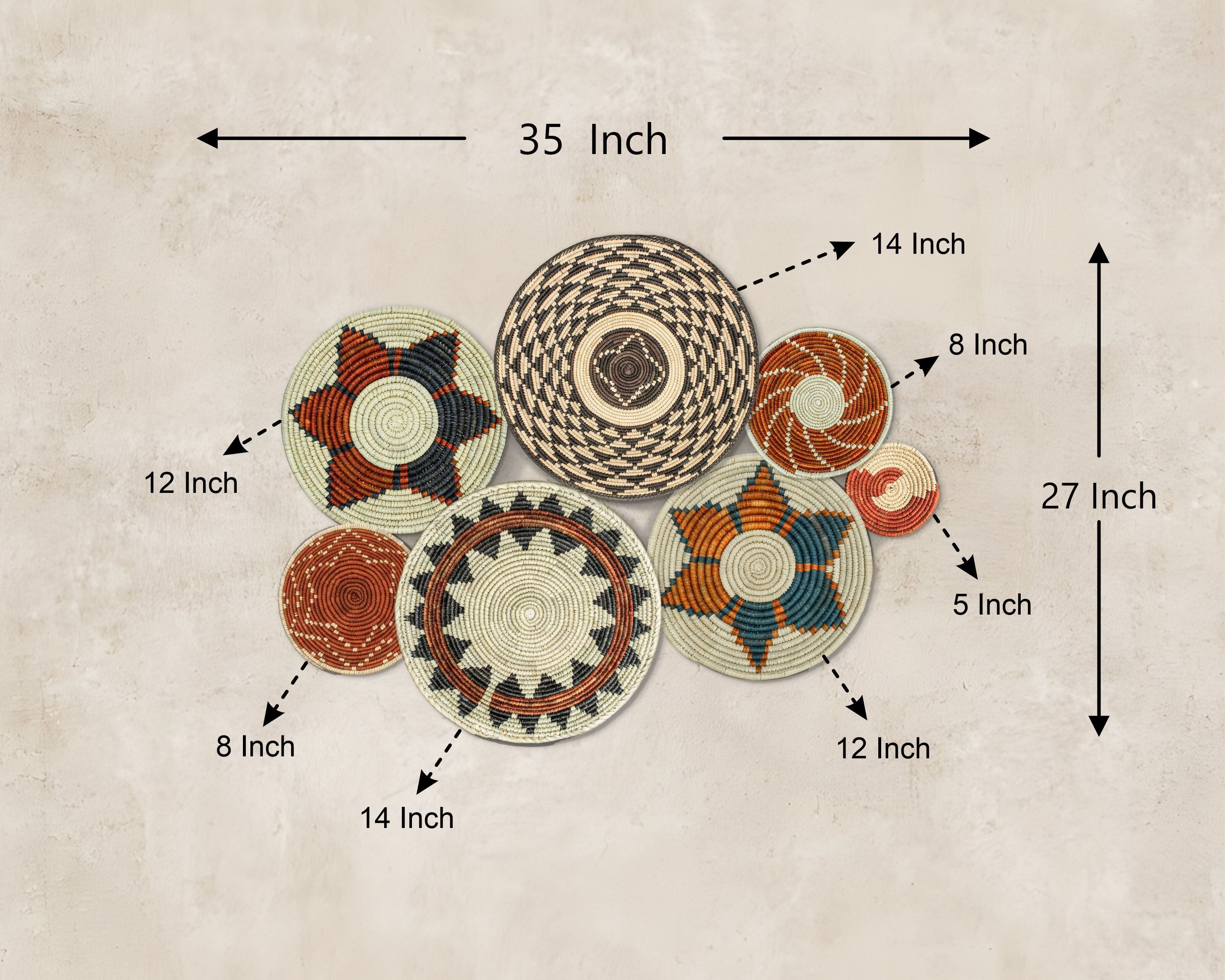 Set of 7 Handwoven wall baskets Set 47-7-N