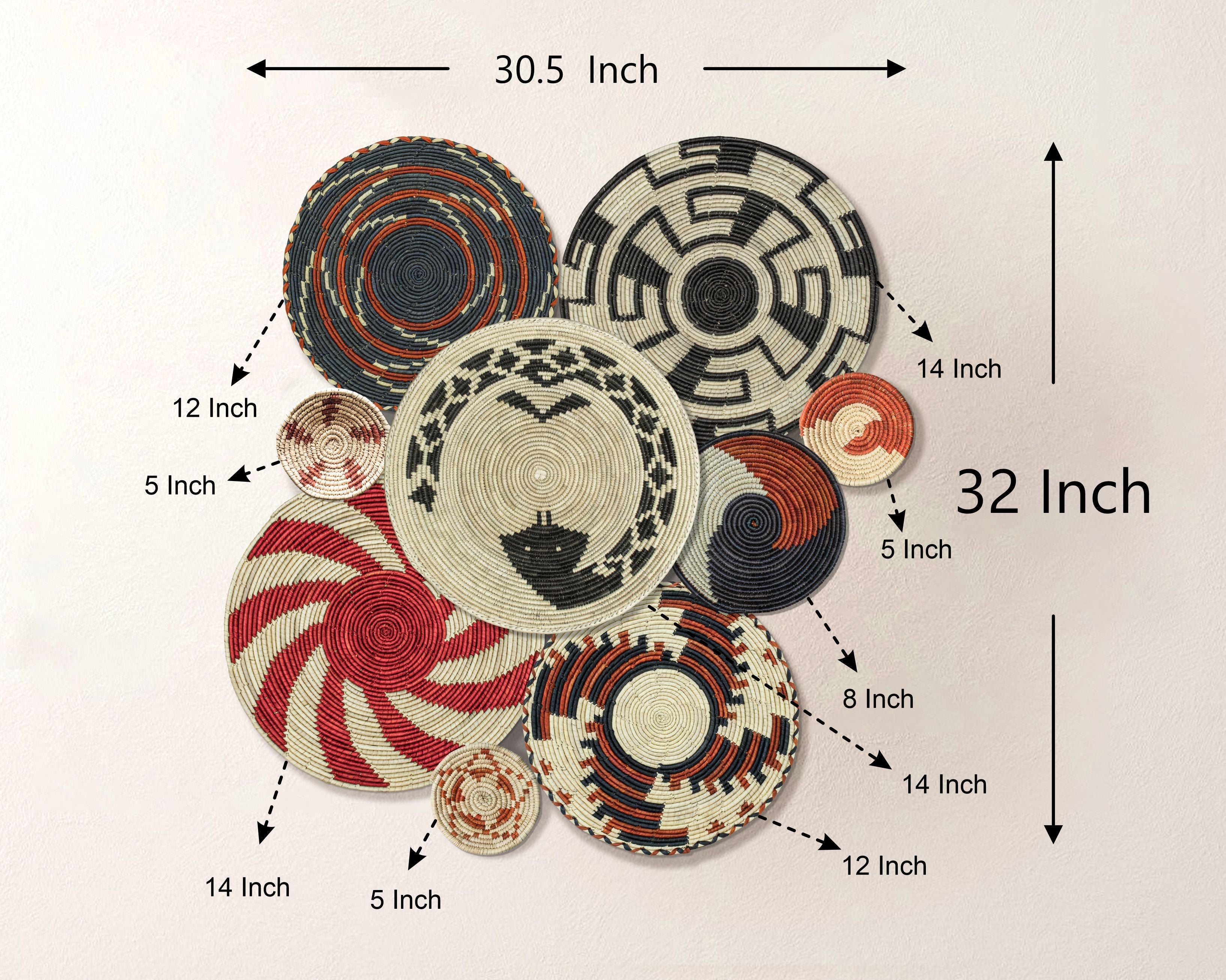 Set of 9 Handwoven wall baskets SET-1-9 N