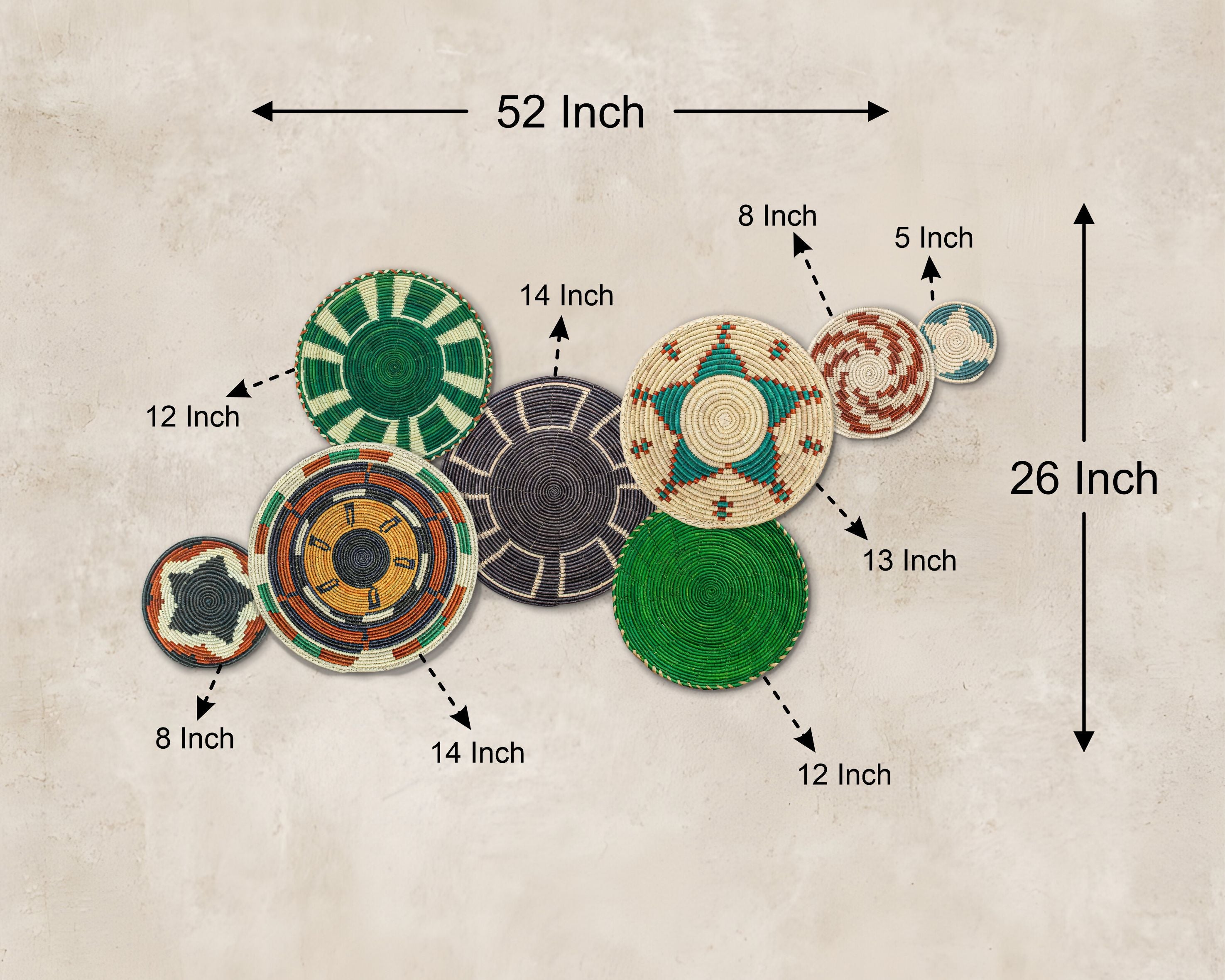 Set of 8 Handwoven wall baskets SET-356-8 N