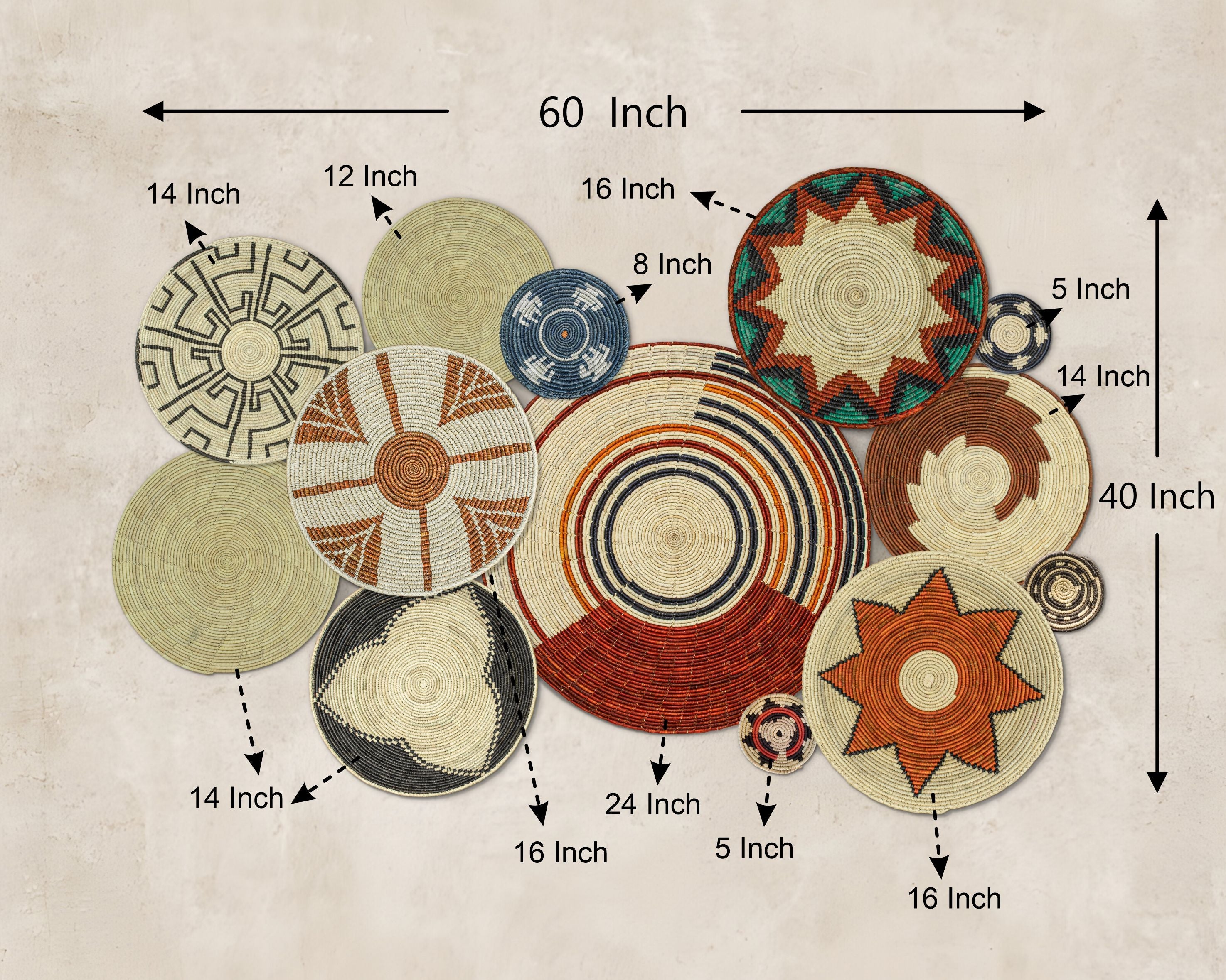 Set of 13 Handwoven wall baskets SET-157-13 N