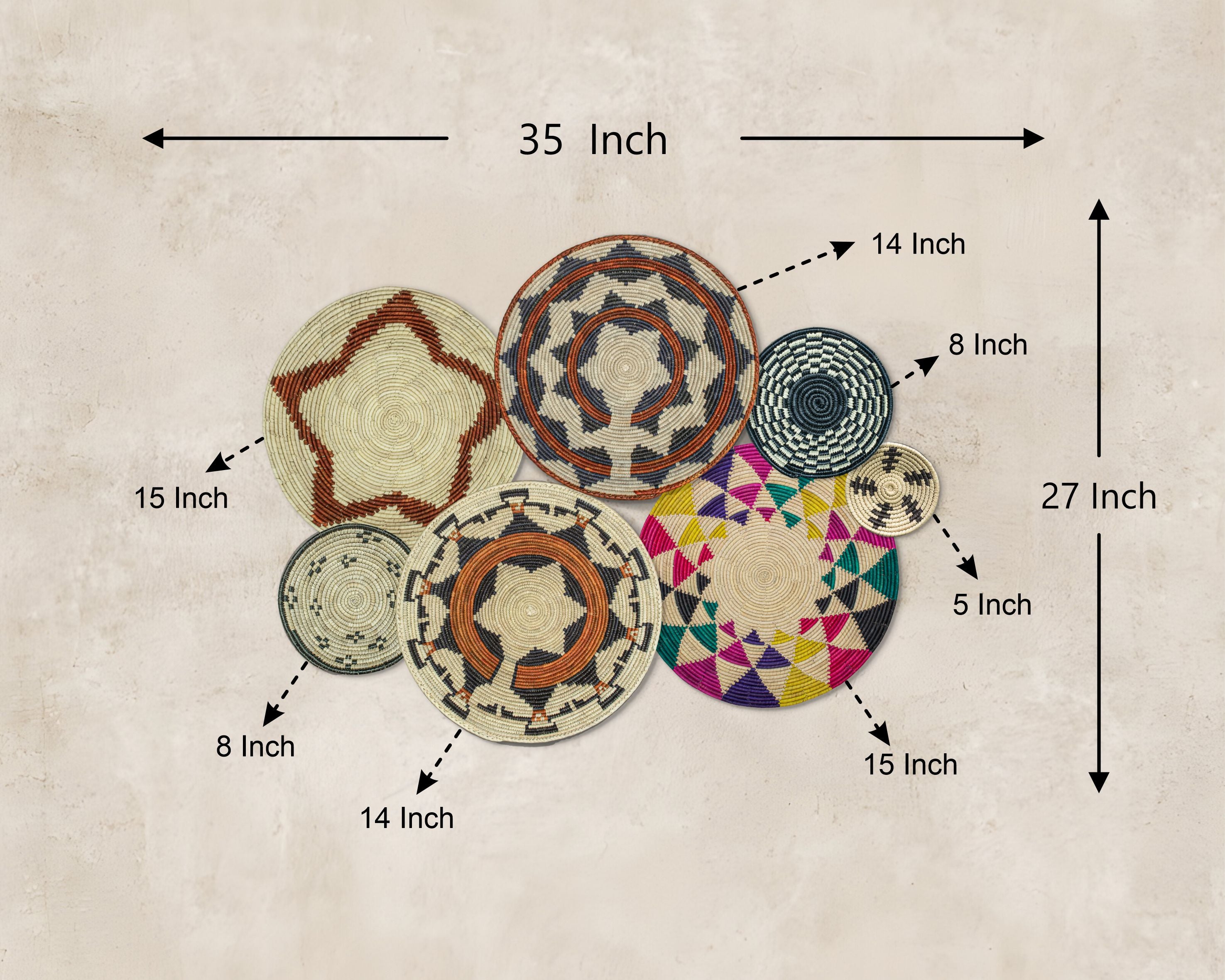 Set of 7 Handwoven wall baskets Set 44-7-N