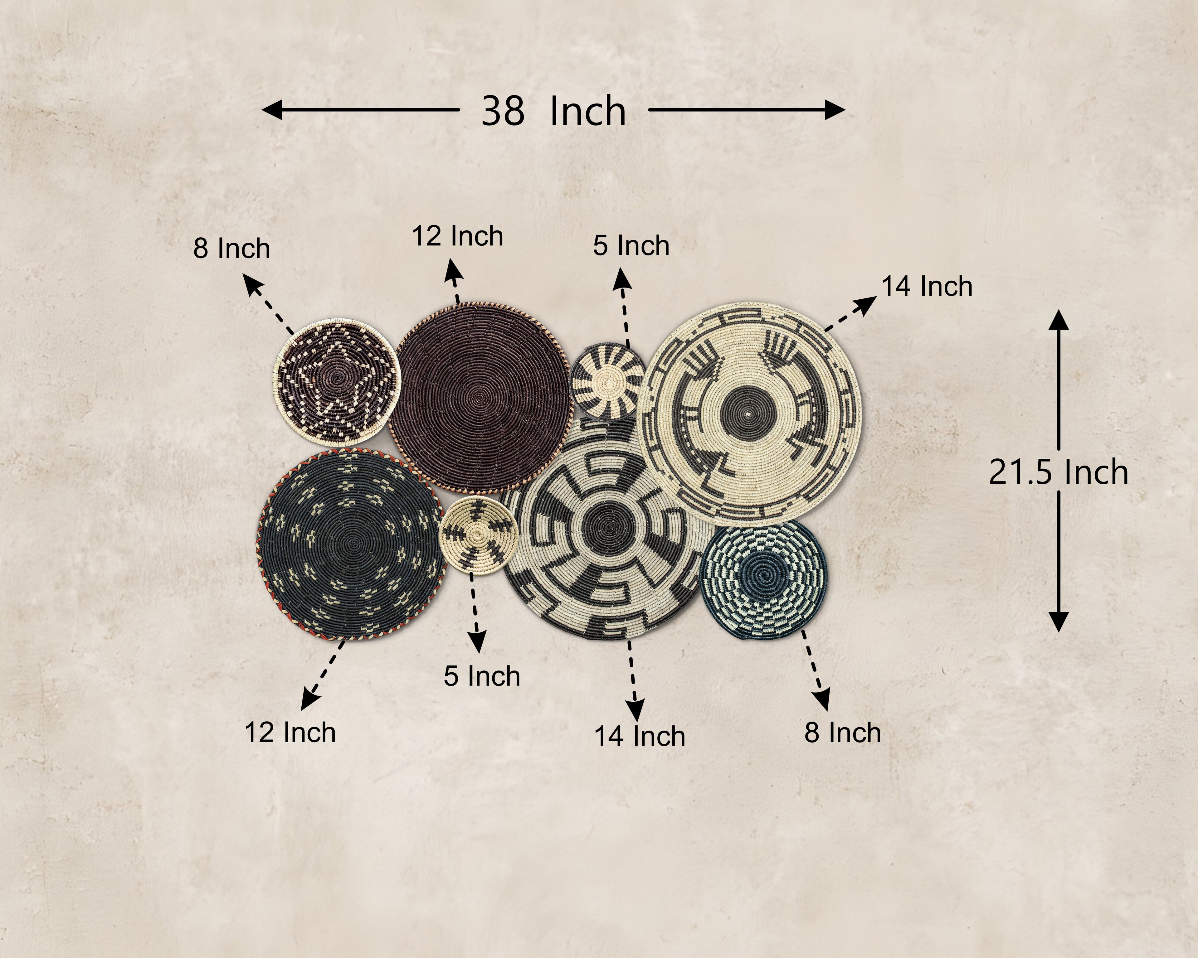 Set of 8 Handwoven wall baskets SET-243-8 N