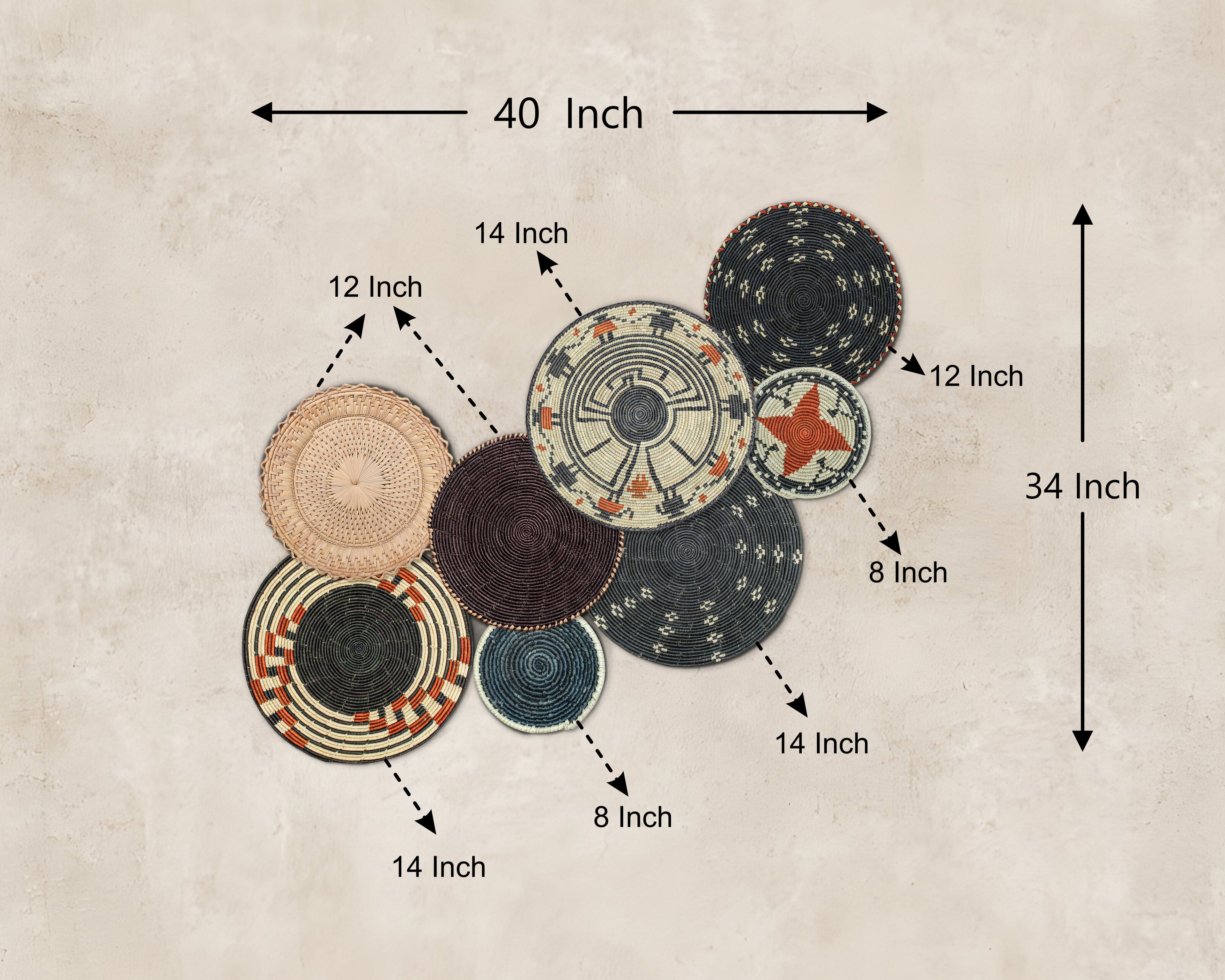 Set of 8 Handwoven wall baskets SET-345-8 N