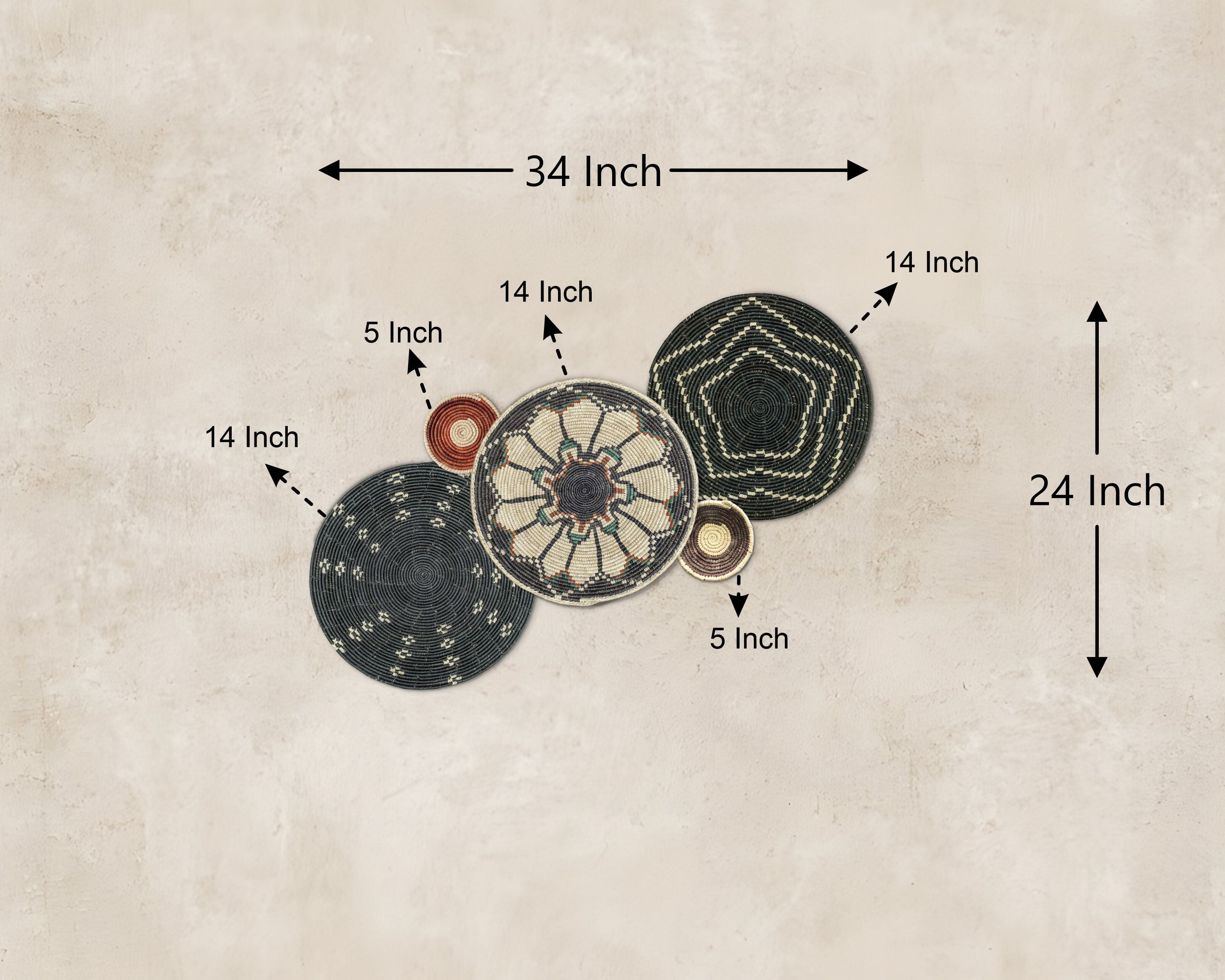 Set of 5 Handwoven wall baskets SET-62-5 N