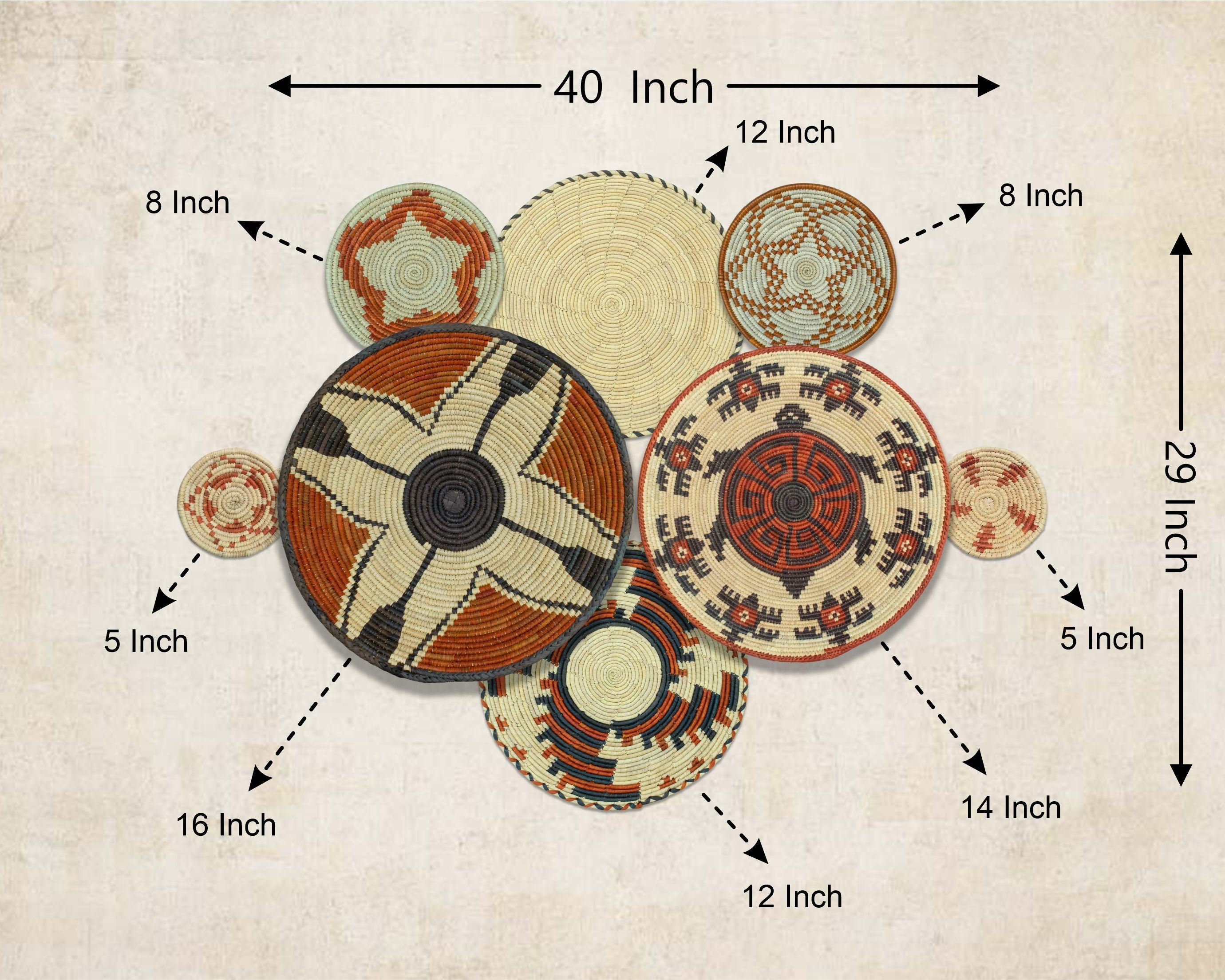 Set of 8 Handwoven wall baskets SET-358-8 N