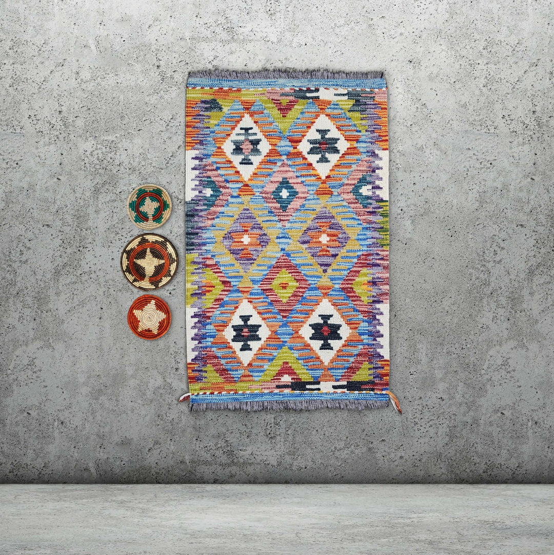 3x2 Afghan Kilim Rug with Handmade Wall Baskets | Wall Hanging Kilim & Basket Set | Unique Kilim Wall Decor